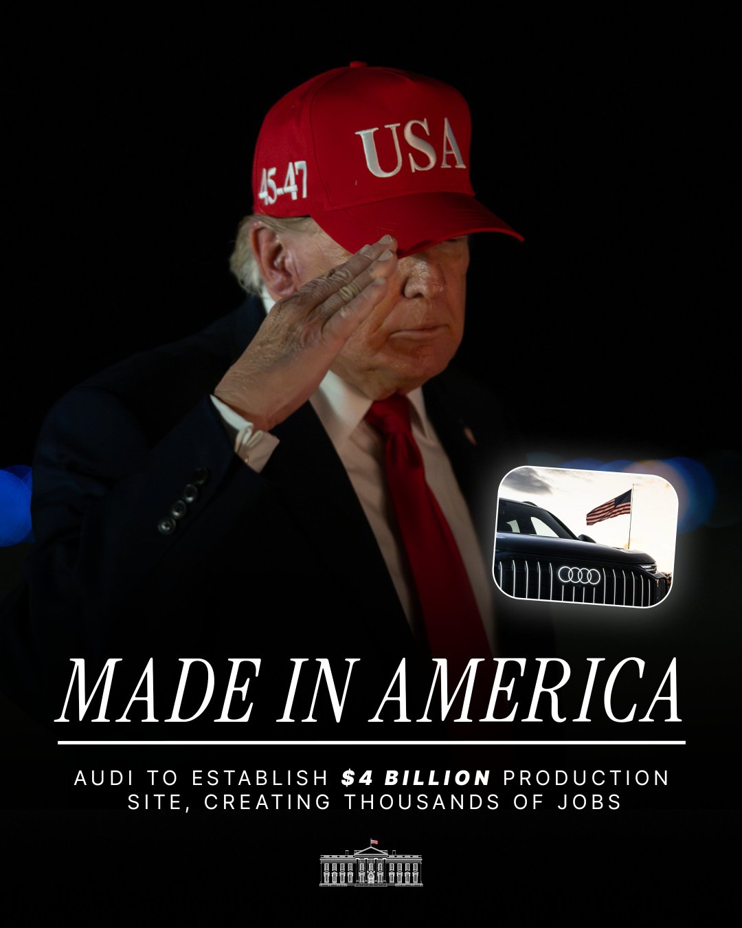 美国的制造业已实现连续九个月扩张。截至9月，2026年新增制造业就业岗位72000个。特朗普总统的经济议程正在重建美国的工业基础。

奥迪正在创下纪录，投资40亿美元，在美国建立其首座生产工厂。特朗普总统正通过关税和促进增长的生产政策，将汽车制造业带回美国本土。成果正在显现。 ​