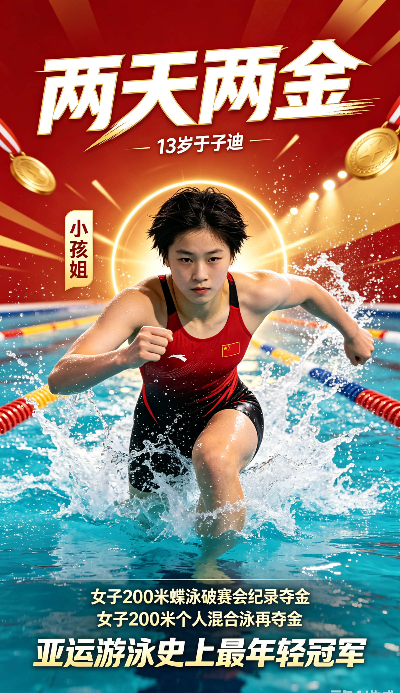13岁于子迪，两天两金！“小孩姐”成为亚运游泳史上最年轻冠军
 
 
13岁，两天两金！
名古屋亚运会上，中国小将于子迪先是打破赛会纪录，拿下女子200米蝶泳金牌，随后又在女子200米个人混合泳中夺冠。
网友叫她“小孩姐”，她也成为亚运游泳史上最年轻的冠军。图片取材于网络，无任何不良引导