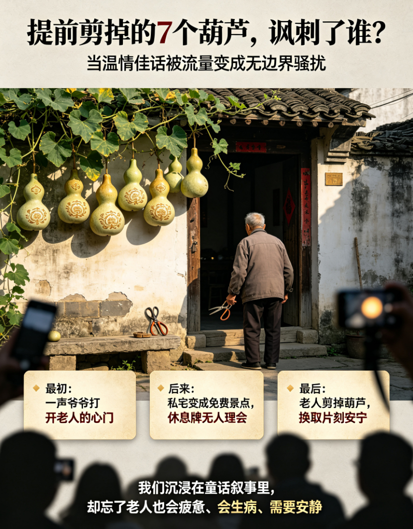 浙江绍兴的“葫芦娃爷爷”陈金敖，在承受了数月的无边界打卡与骚扰后，亲手剪掉了那七个承载着福禄寓意的葫芦。这出荒诞剧的落幕，讽刺的不仅是那些为了流量扮成蛇精蹲守的网红，更是整个社会在围观中逐渐失焦的边界感。 
 
最初，一声声“爷爷”唤醒了老人封闭二十多年的心门，这本是一段温情的佳话。 ​