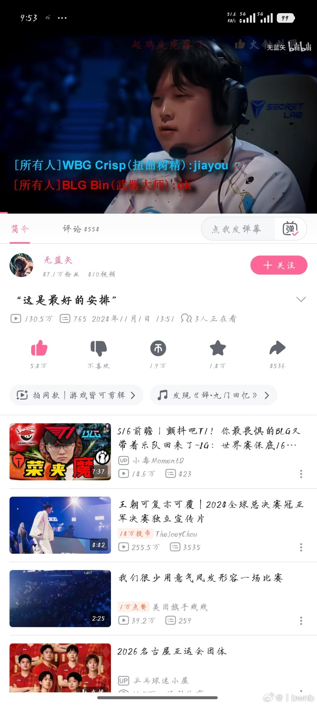 #blg[超话]# 刷到那年的开赛前视频了，真的热血沸腾啊，时至今日也不敢点进决赛录像，我看LPL十年了，从s7LPL开始有起色，再到三冠一亚，再到faker第二春，全华班这三个字困了我十年，24年全华班，决赛，t1，要素拉满了。哎，多说无益，意难平，看BLG是从23开始，这几年每年每场的比赛都看了，现在输赢 ​