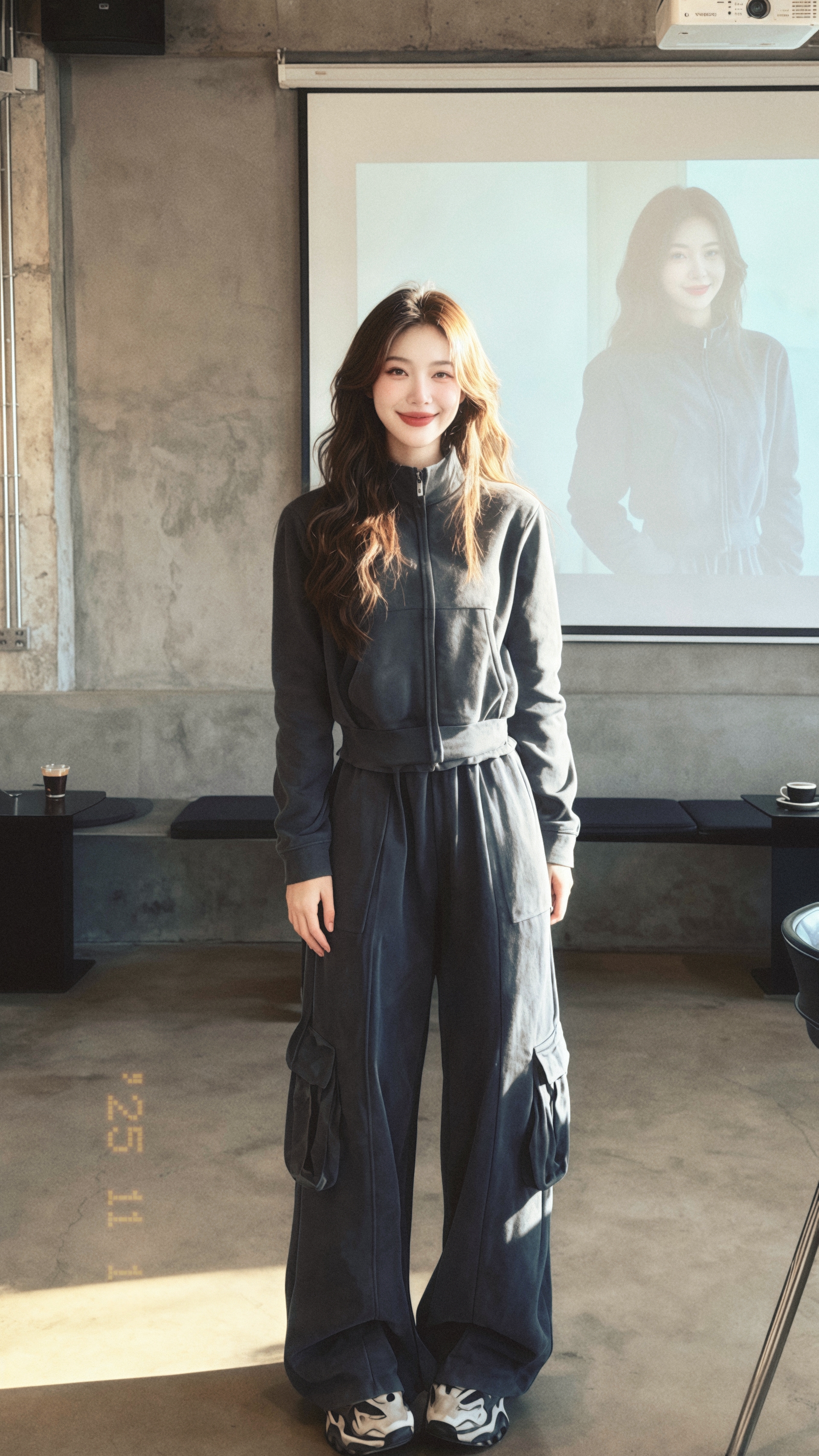 工业风咖啡馆的暖光里，语桐穿着一身深灰色运动套装，短款拉链上衣搭配阔腿...