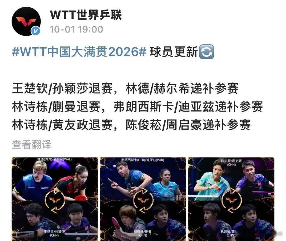 世界乒联宣布：王楚钦/孙颖莎，林诗栋/蒯曼，林诗栋/黄友政退赛。 ​