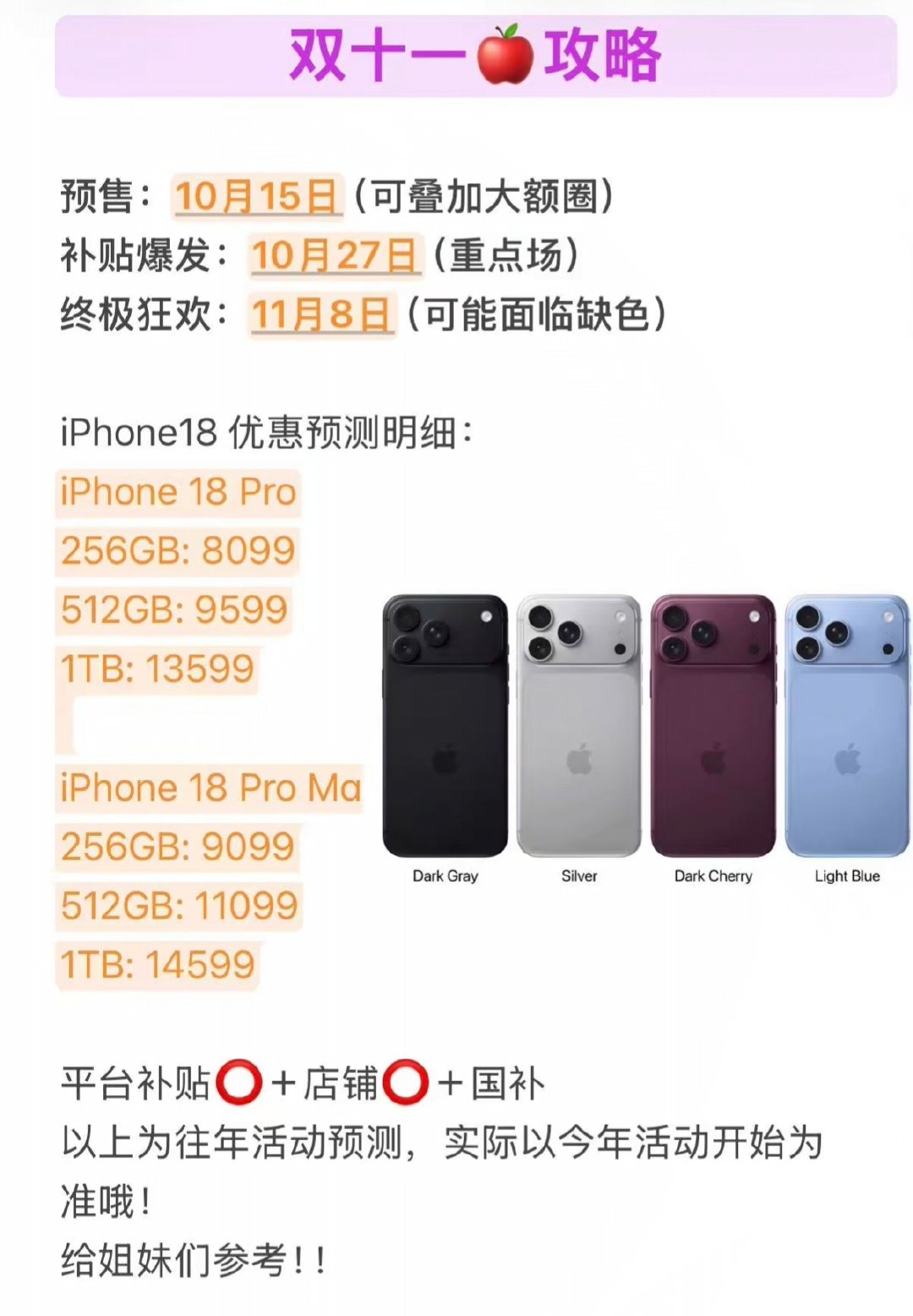 今年双十一iPhone降价预测
预估降价1000-2000不等
估计还能叠加24期免息
早买早享受晚买享折扣
如果一定要买大容量的双十一蹲
绝对比现在的便宜很多
因为今年大家关注在Duo上
并不是18pro系列#iphone18pro# ​