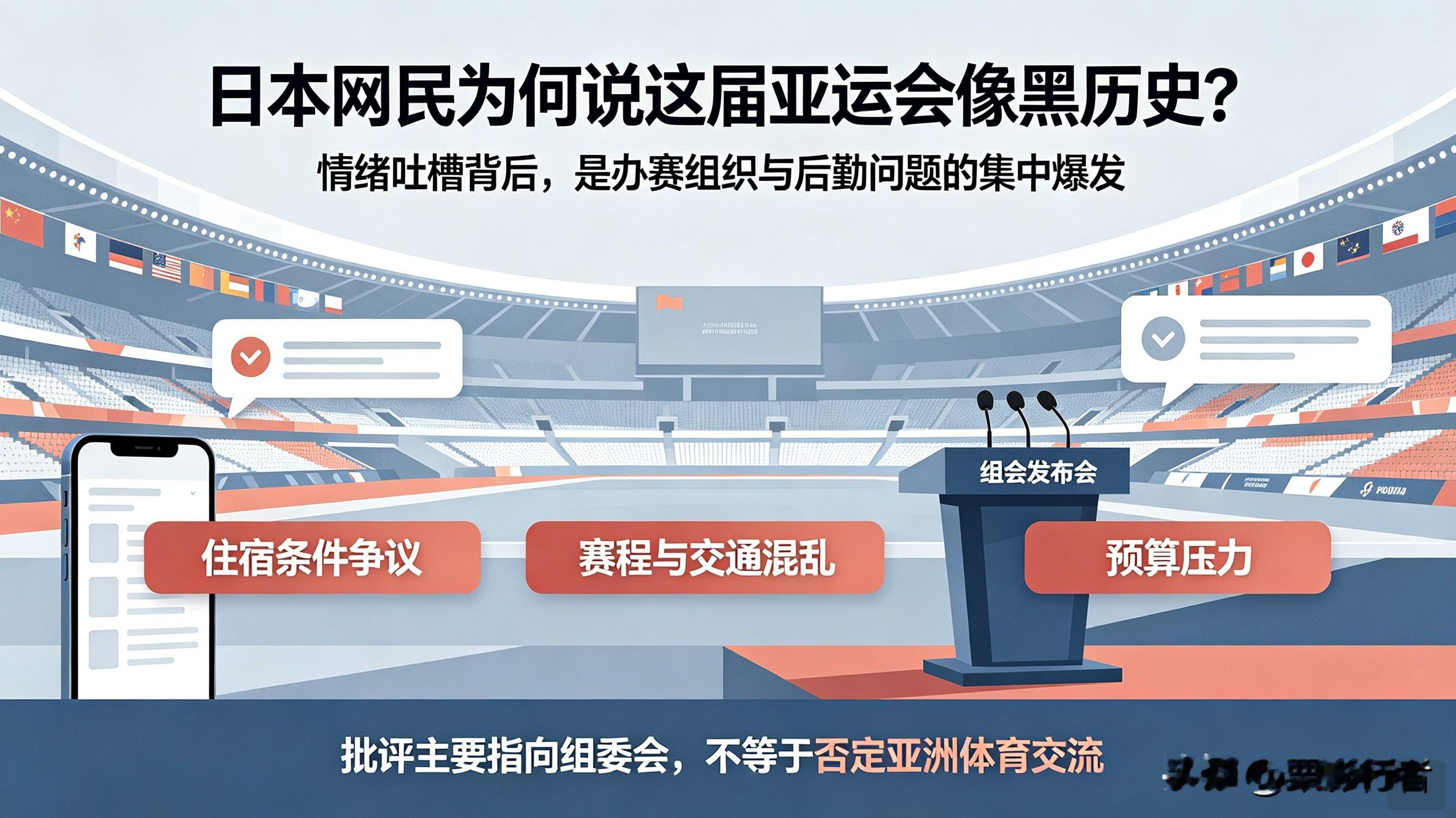 本届爱知‑名古屋亚运会，不少日本网民吐槽这届亚运会会成为日本的“黑历史”。这不是单纯的赛场输赢，更多来自赛事组织、后勤管理的大量现实问题，要客观区分民间舆论、赛事现实与体育竞技本身。

第一，为什么日本网民会发出这样的声音？

1. 赛事后勤组织混乱是