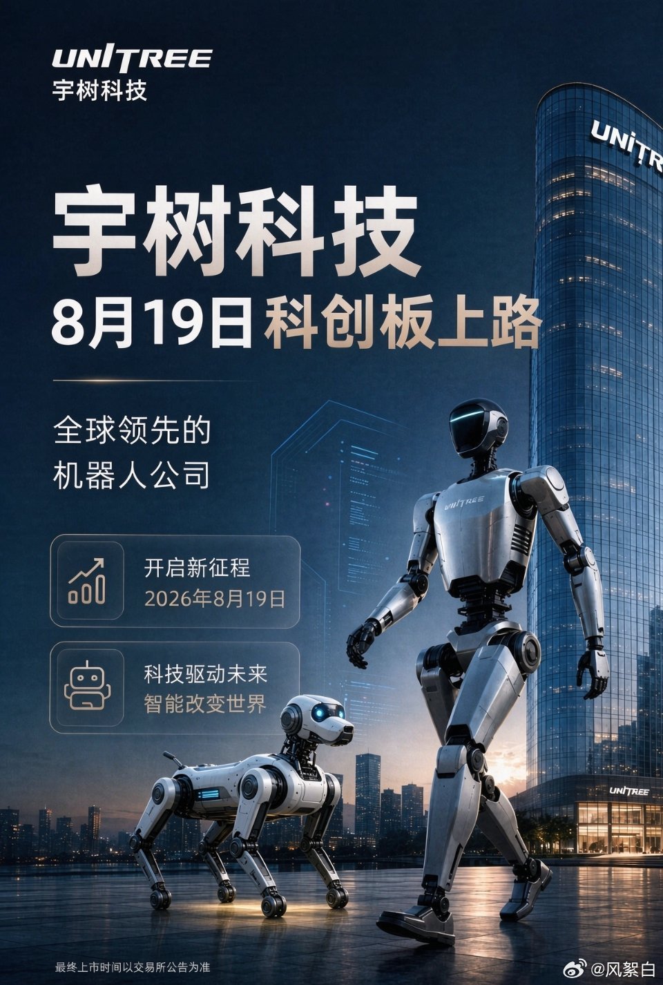 宇树科技8月19日登陆科创板
定了!宇树科技将于8月19日正式登陆上交所科创板。
发行价150.80元/股，发行后总股本约4.04亿股，对应发行后市值约610亿元。
从实验室里的机器狗，到人形机器人走向规模化，再到登陆资本市场——A股“人形机器人第一股”，正式迎来高光时刻。
你觉得，宇树上市后市值第一站会 ​