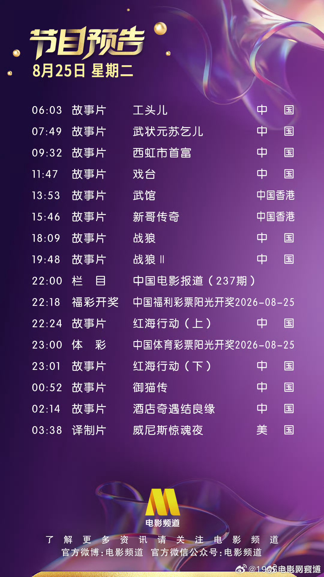 #电影频道节目单#  早上好！上1905电影网客户端，随时随地畅享观看
今日重点推荐：闫非、彭大魔联合执导，沈腾主演的电影《西虹市首富》；陈佩斯执导，陈佩斯、黄渤、姜武、尹正主演的电影《戏台》；刘家良执导，刘家辉、谷峰、惠英红主演的电影《武馆》；王晶执导，刘德华、万梓 ​