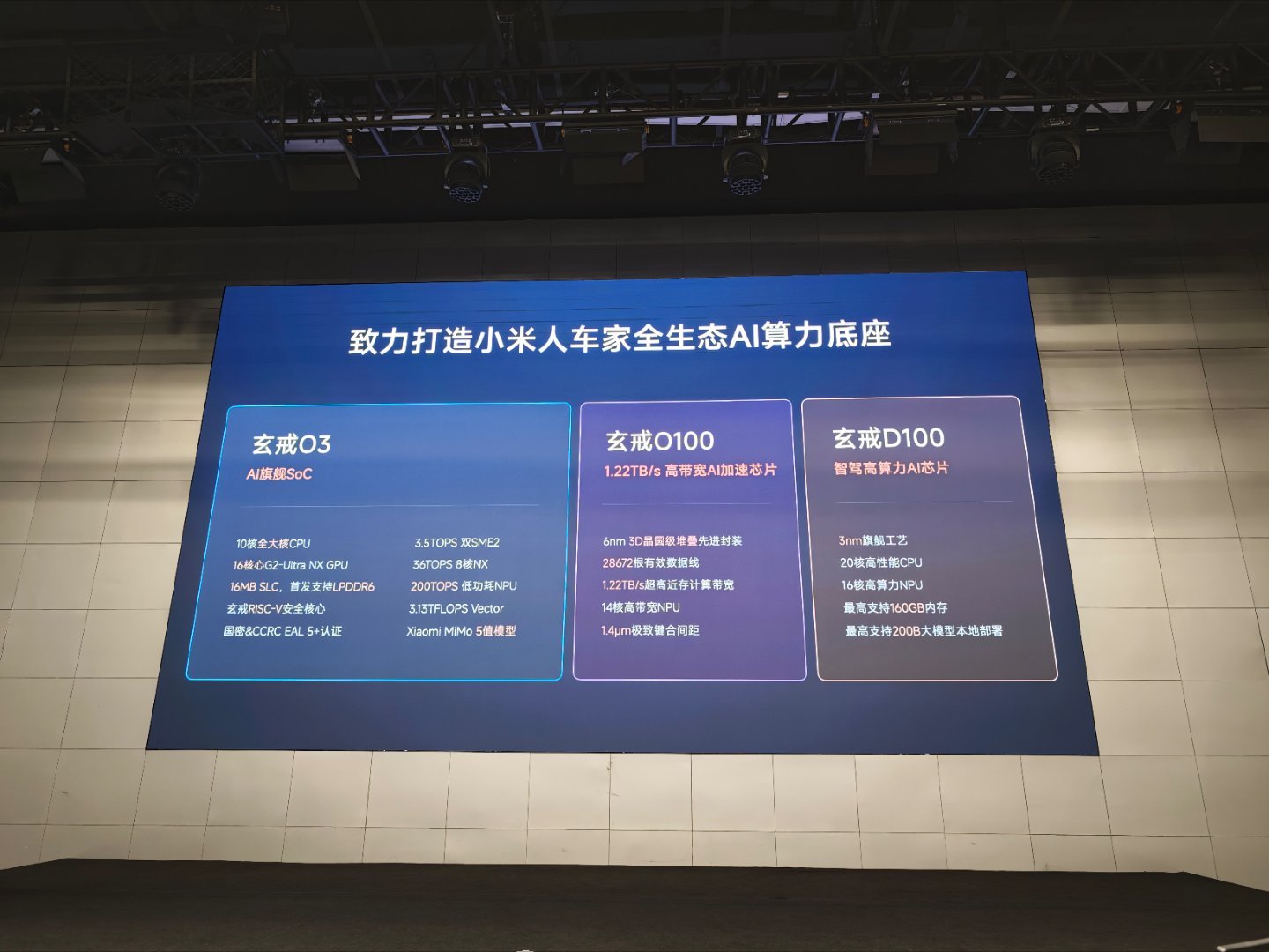 小米今天总共三颗芯片，最后一颗是3nm的智驾芯片D100，覆盖人车家全生态 ​