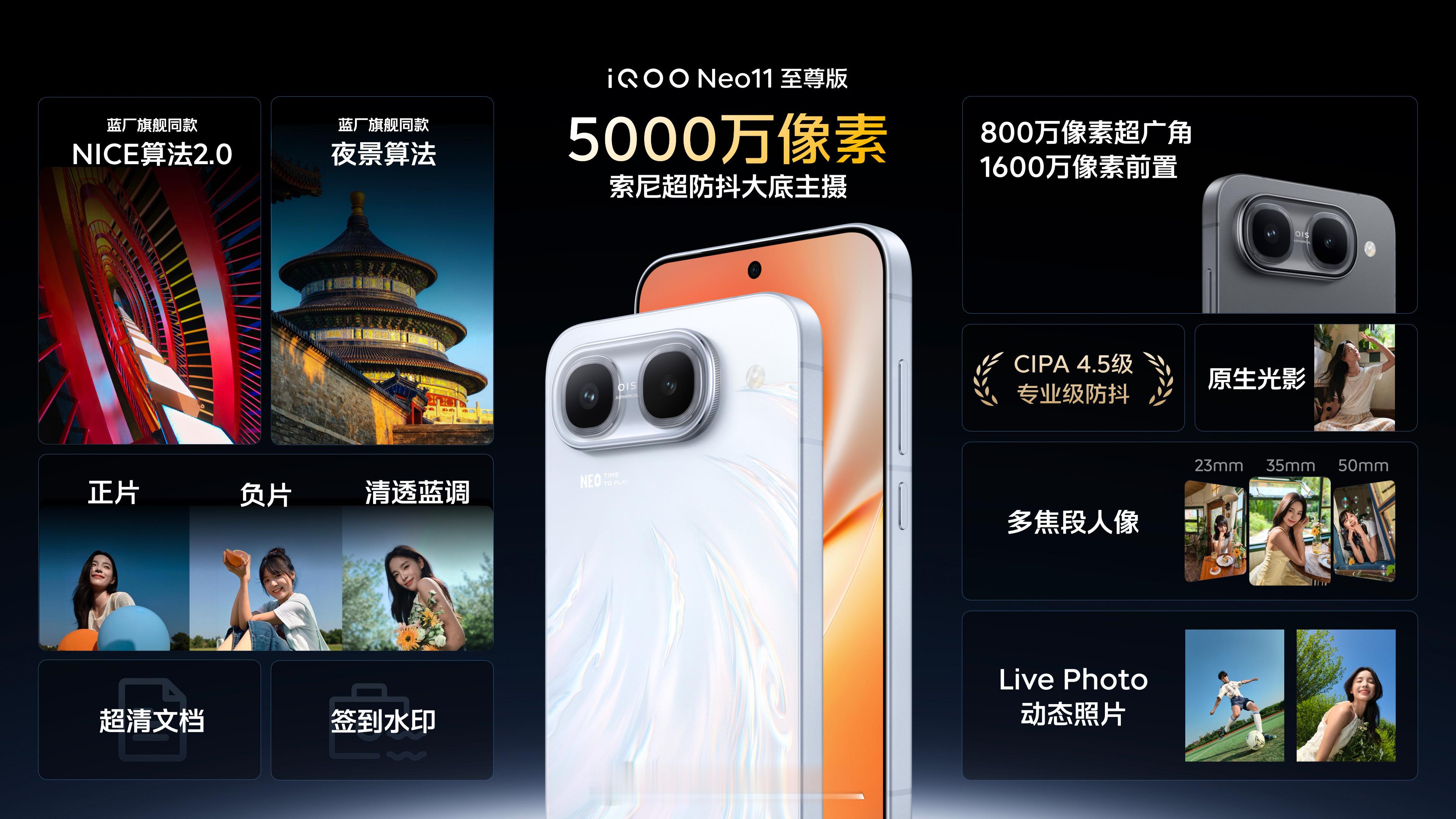 iQOO Neo11 至尊版影像表现强劲：5000万像素索尼主摄支持光学防抖与人眼仿生技术，确保画面清晰稳定；NICE算法2.0优化光影与色彩，呈现自然真实效果；多焦段设计便于构图，提供正片、负片及清透蓝调三种胶片风格；全新原生光影保留真实明暗层次，Live Photo支持高画质、防抖及美颜；超清文档功能可清晰 ​