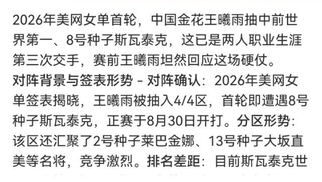 #斯瓦泰克回应对阵王曦雨#

王曦雨，美网第一轮碰上斯瓦泰克，不好打。发球发进去，底线放开抡，打出一场痛快球来。加油。 ​