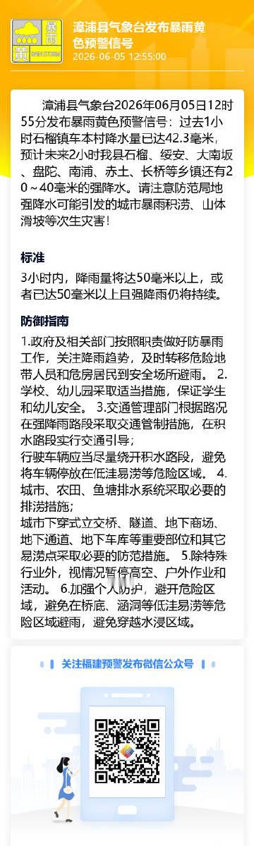 漳浦县气象台2026年06月05日12时55分发布暴雨黄色预警信号：过...