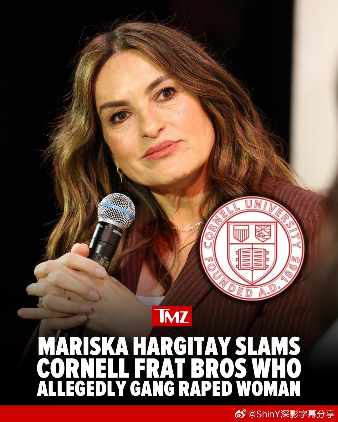 Mariska Hargitay痛斥康奈尔大学被指控轮奸的嫌犯

2024年10月，一名20岁的康奈尔大学女生被7名Chi Phi兄弟会成员下药并性侵，持续约7小时。她报了案。没有提起任何刑事指控。根据她的诉讼，康奈尔大学随后给了被指控的学生通过写文章来减轻处分的机​​会。她的律师说只有两人被开除。其余人受到停学 ​
