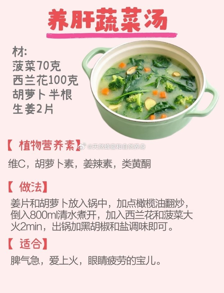 养肝蔬菜汤菠菜70克西兰花100克胡萝卜半根生姜2片植物营养素】维 C ，胡萝卜素，姜辣素，类黄酮做法】姜片和胡萝卜放入锅中，加点橄榄油翻炒，倒入800ml清水煮开，加入西兰花和菠菜大火2min，出锅加黑胡椒和盐调味即可。【适合】脾气急，爱上火，眼睛疲劳的宝儿。 ​​​