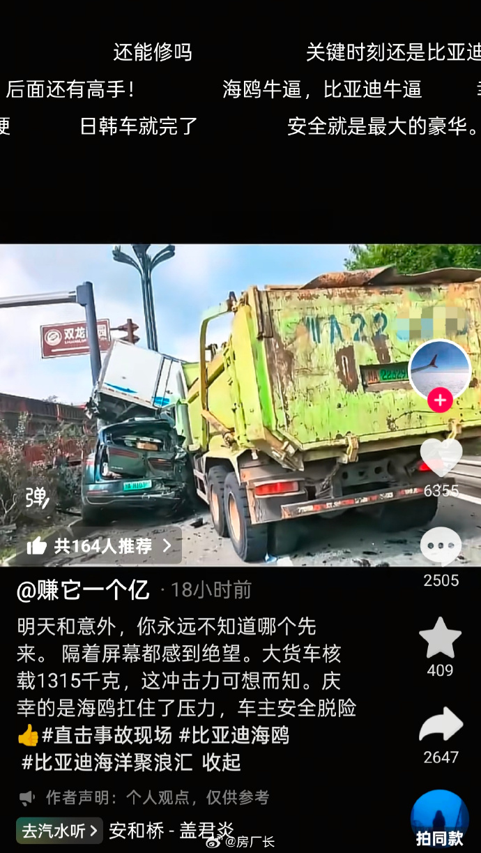 比亚迪的车真硬啊，腾势N8L被大卡车追尾，顶下最大伤害，小海鸥被夹击硬抗大货车，A柱完好、车窗半降，车主安全脱险