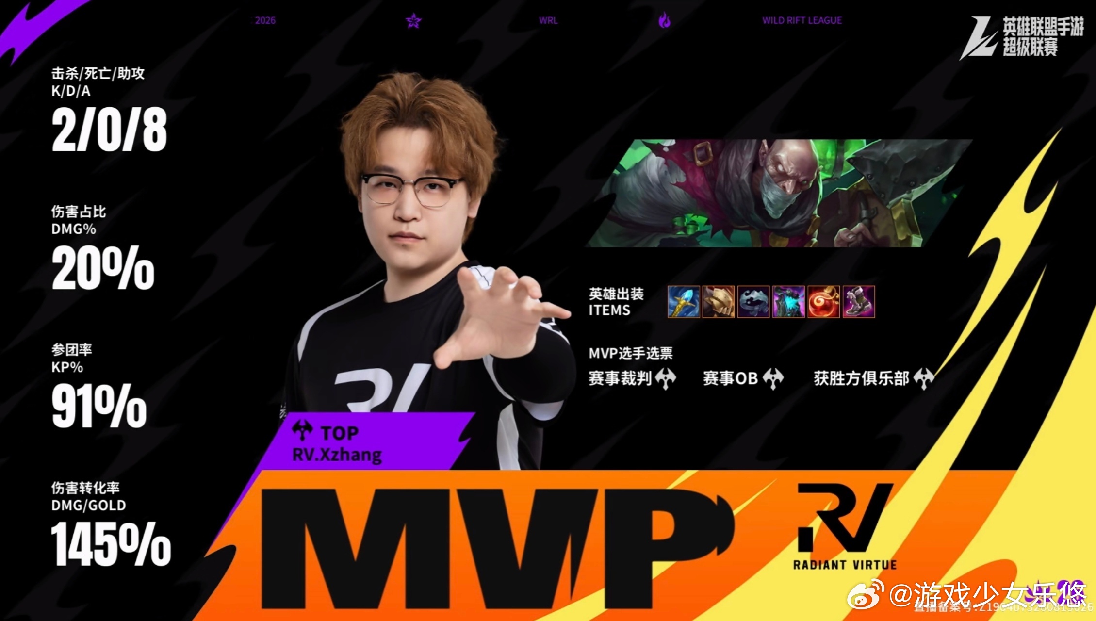英雄联盟手游赛事 WBG 1-2 RV，MVP Xzhang炼金。RV稳住节奏拿下双龙，中路带兵线推进，斩获赛点。英雄联盟手游超级联赛2026wrl秋季赛 ​​​