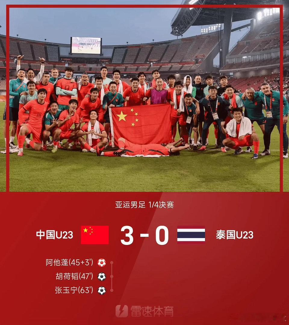 亚运男足战报：彭啸造乌龙，张玉宁破门，中国3-0泰国进4强
09月26日讯 26赛季亚运男足1/4决赛，中国vs泰国。上半场，彭啸补时阶段造乌龙。下半场，胡荷韬再下一城，张玉宁替补建功。最终，中国3-0完胜泰国，时隔28年重返亚运会四强，半决赛将对阵韩国队。 ​