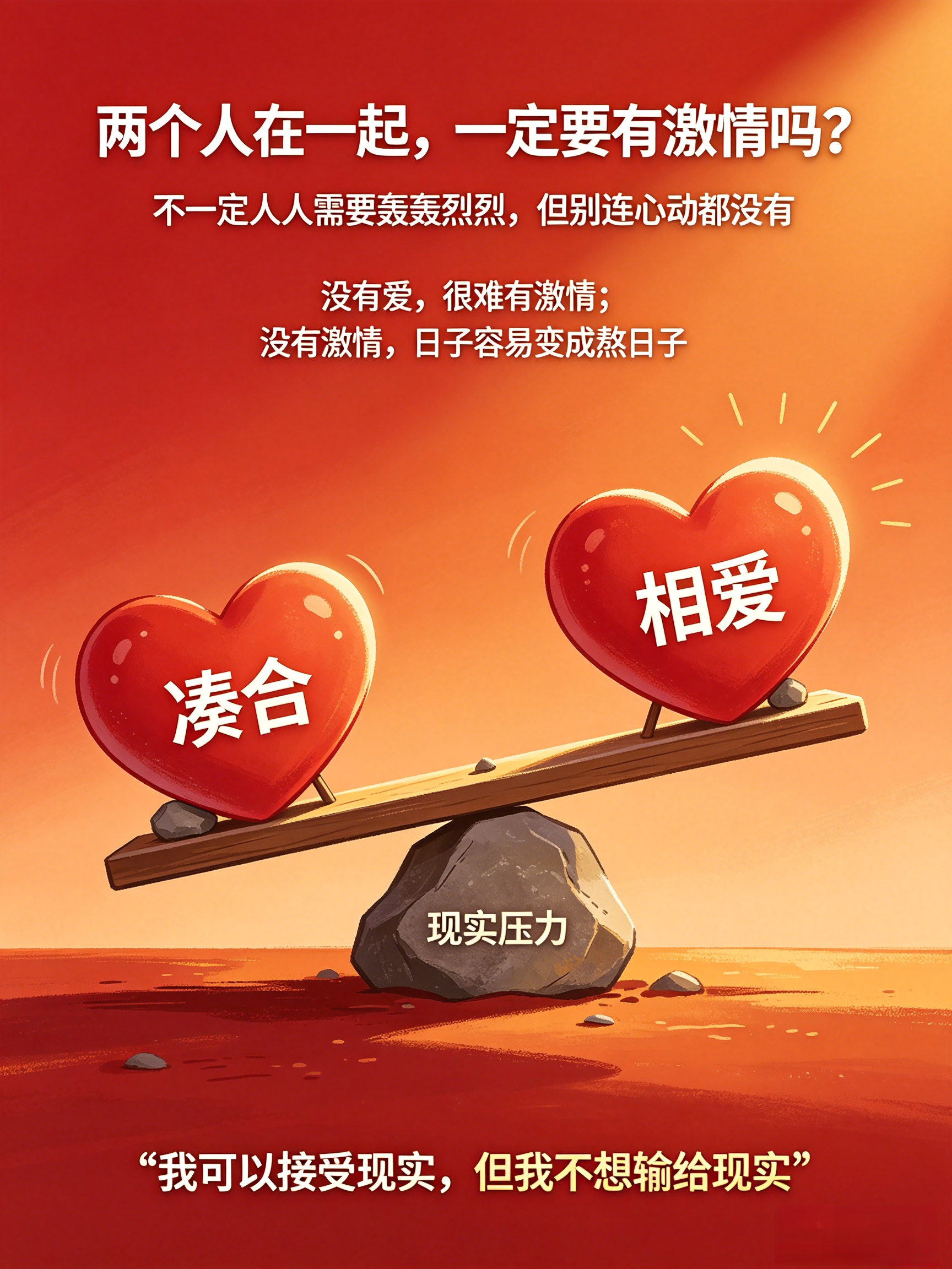 人可以和不爱的人过一生吗看了一圈热议，我的答案很明确：可以凑合，但我不希望。现实里，很多人确实能和不爱的人过一生。到了一定年龄，面对父母催促、社会压力、经济负担、稳定需求，有些人会选择“差不多就行”。这不是错，甚至可能是很多人不得不走的路。但我始终觉得，这叫搭伙过日子，不叫和喜欢的人过一生。两个人在一起，一定要有激情吗？我的答案是：要有。不一定是每天轰轰烈烈，但至少要有心动、有期待、有愿意靠近对方的欲望。如果连爱都没有，激情基本无从谈起。剩下的更多是习惯、责任、默契，或者只是懒得再换。不是说亲情、陪伴、稳定不重要。而是我不想把“没有爱”的日子，合理化成“这就是生活”。生活可以现实，但不该只有现实。玩梗一句：和不爱的人过一生，像开了一张自动续费会员卡。每个月都在付出，却没什么惊喜；明明可以退订，却被“稳定”两个字绑着继续付款。我可以理解有人向现实低头，但我还是希望自己能赢一次。不是赢过谁，而是赢过那个“凑合算了”的自己。感情观别把凑合当生活爱情和现实