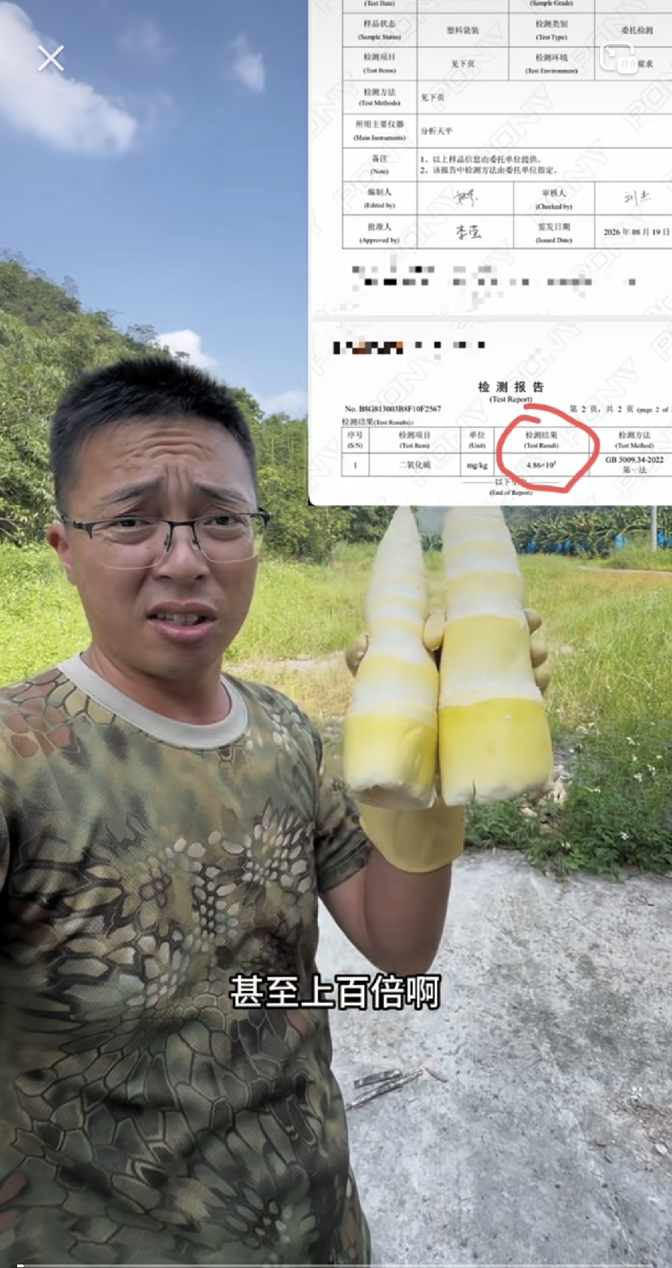 白净卖相背后藏祸心！山沟窝点硫磺猛熏竹笋，超标数千倍，这批毒笋究竟流去何方
 
山里头长出来的鲜笋，本该是老百姓餐桌上地道的农家味道，却在偏僻山沟的简易棚子里，被硫磺浓烟反复熏蒸，检测数值超标到触目惊心，一批来历不明的问题竹笋装车外运，去向至今悬而未决。
 
事情被网络博主暗访揭开之后，当地多部门火