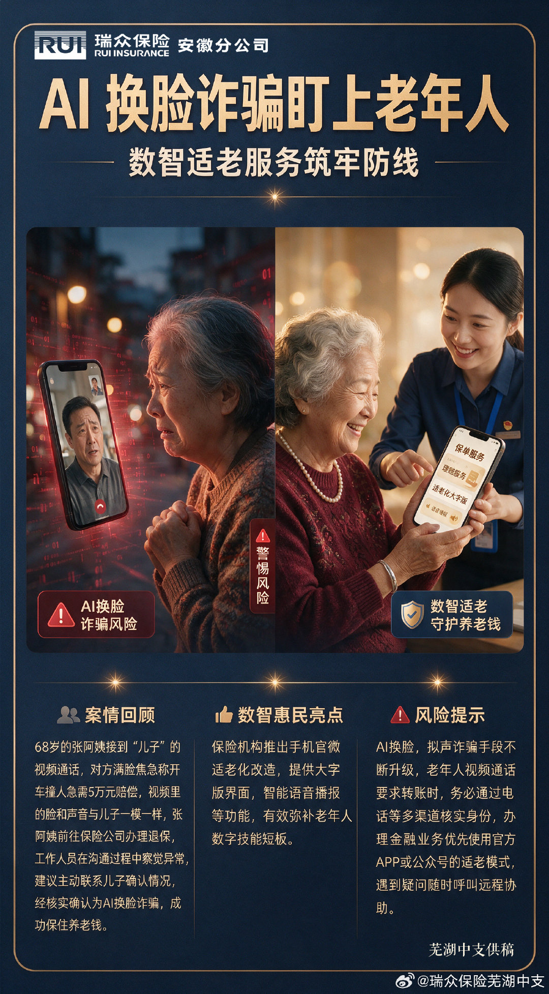 #保险[超话]# Ai 换脸诈骗盯上老年人，数智适老服务筑牢防线！#清朗金融网络 守护安心消费##消费者权益保护##全民反诈在行动# ​