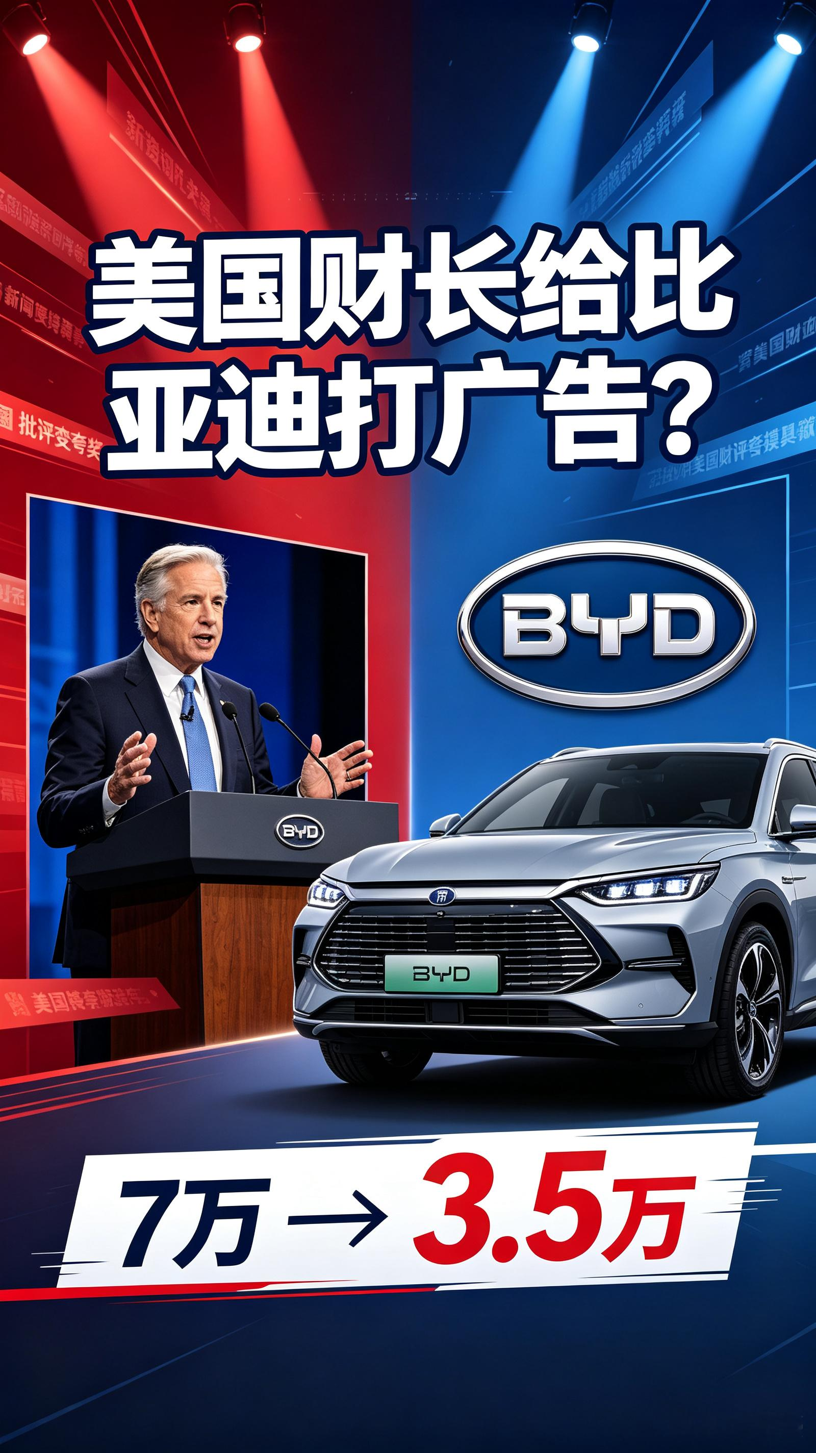  比亚迪最狠的不是卖得多，是逼全球消费者重新给汽车定价。

美国财长这波算是变相给比亚迪“反向带货”，嘴上本来想吐槽，结果一不小心说出大实话：价值7万美元的车，比亚迪只卖3.5万！
 
这话要是咱们自己吹，大家还得打个问号，可出自对手高官之口，分量直接拉满。
 
以前买车全看品牌光环，BBA、丰田随