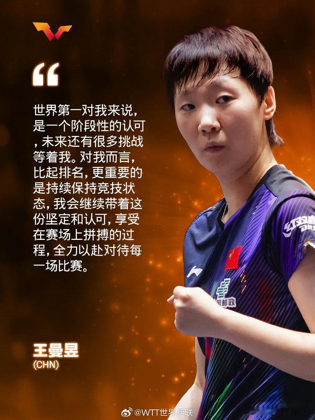 #王曼昱称世界第一是阶段性认可#
谦虚，有礼貌
球品如人品
王曼昱值得所有人的喜爱
亚运会加油[加油][加油] ​