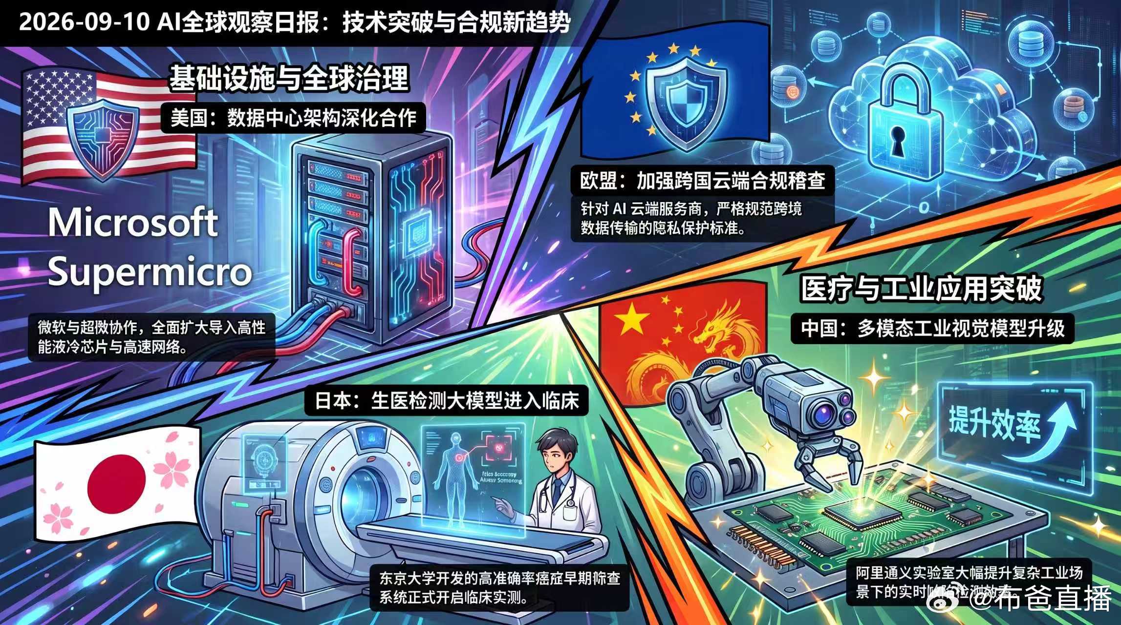 【2026-09-10 AI 观察日报】
近24小时 AI 领域重点聚焦于生成式 AI 芯片架构迭代、智慧城市边缘算力布建、跨国数据合规审查，以及生医检测大模型升级。
【美国】微软与超微宣布深化次世代数据中心基础设施合作，全面扩大导入高性能液冷芯片与高速网络架构。
【欧盟】欧盟针对跨国 AI 云端服务商展开新 ​