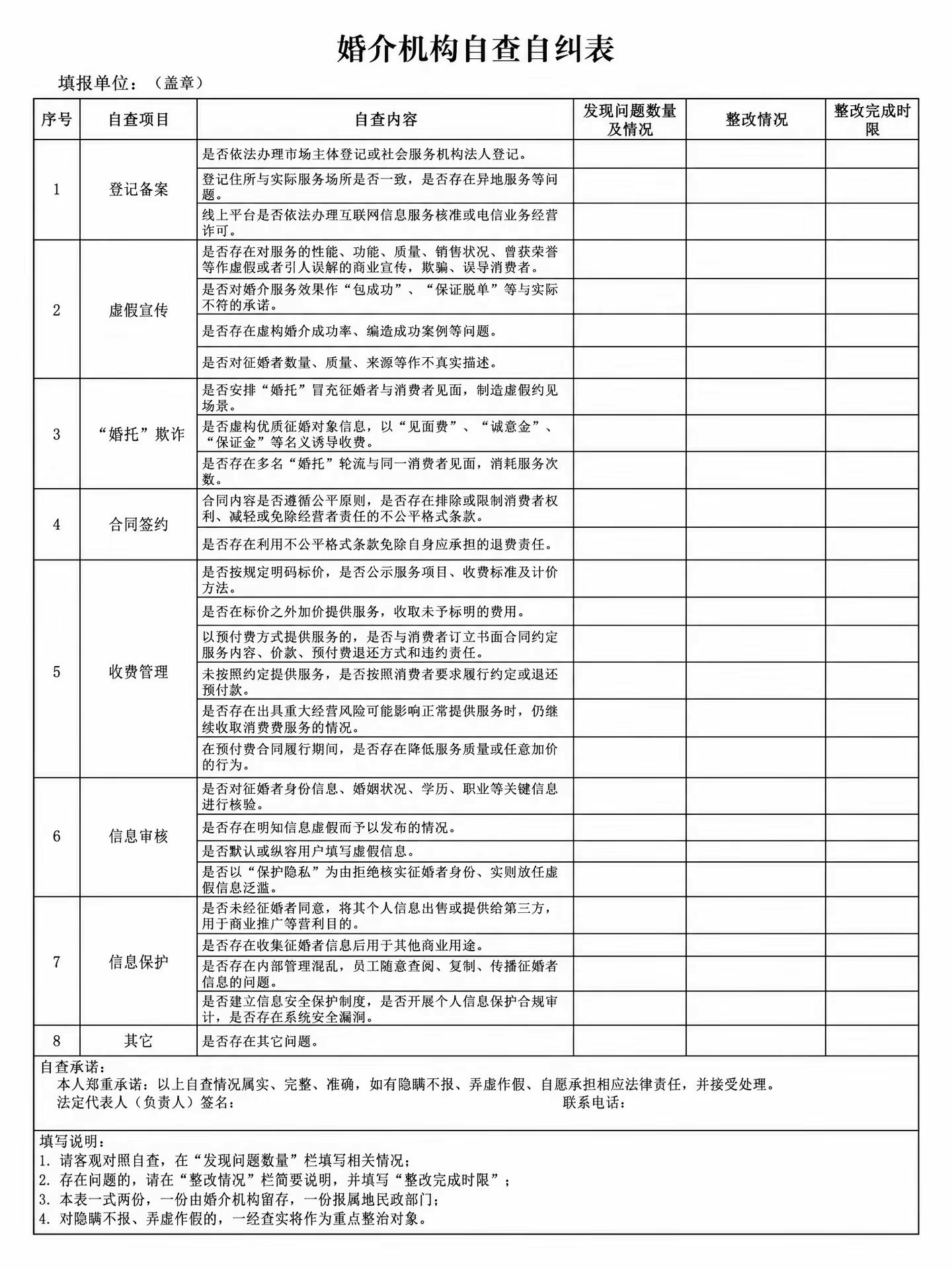 《婚介机构乱象自纠自查》表！各地民政部门联合市场监督管理局陆续上门对婚介公司就行检查婚介机构乱象整治