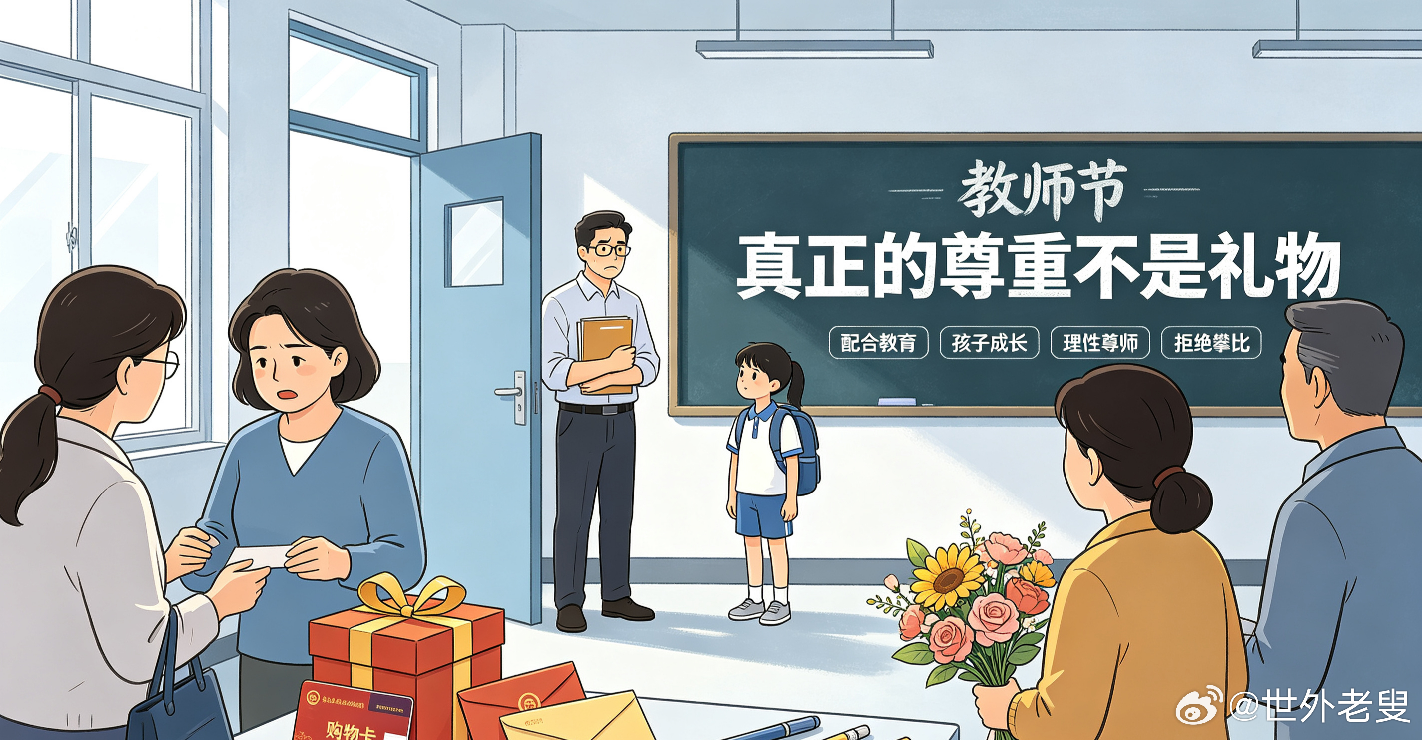 教师节送礼闹剧该停了！砸钱讨好老师，最终骗的是自己孩子
马上开学，紧随而来的就是教师节。
每到这个节点，家长圈必然会掀起一场无声的内卷：家长群里暗地打听送什么、比谁的礼物贵重、谁的红包更大、谁的化妆品更高端。
反观我们小时候的教师节，纯粹得让人怀念。一张亲手画的贺卡、一朵路边的小花 ​
