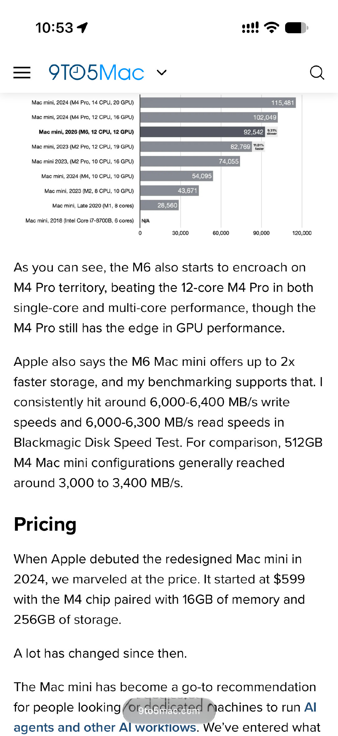 看了一下 M6 Mac mini 的硬盘测速，S6E 封装的盘没跑了，但具体什么型号还不知道，预测扩容 2T 价格要达到 2000 大多。 ​