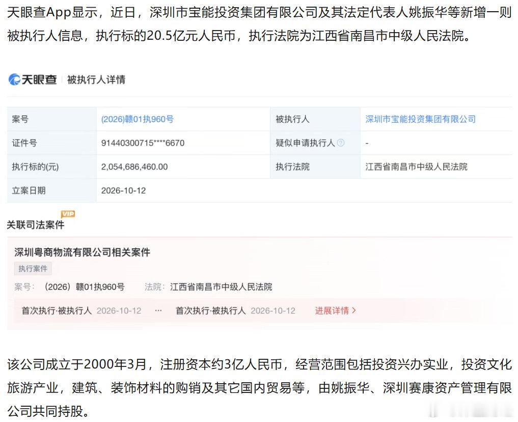 天眼查显示：姚振华和深圳市宝能投资集团，被执行20.5亿元 ​