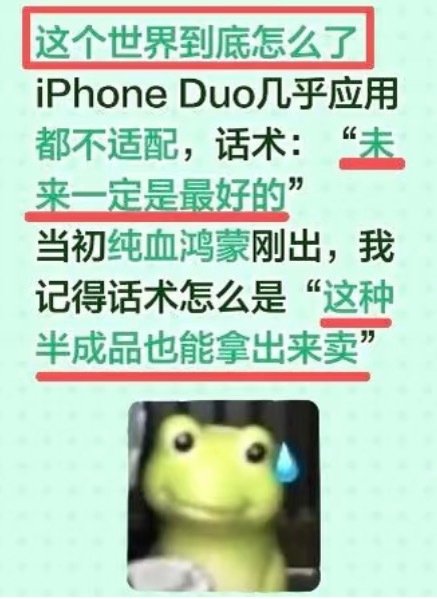 #iPhone Duo遭吐槽意味着什么# 我现在每天早上起床，第一件事儿就是打开App Store看看哪些软件更新了，哪些软件适配了iPhone Duo！白天也会反复的查看！目前使用体验真的差爆了！！
当初那帮子吐槽鸿蒙适配不行的喷子去哪儿了？赶紧出来遛遛啊，出来帮一下苹果进步啊！咋突然一个个就没声音了呢？ ​