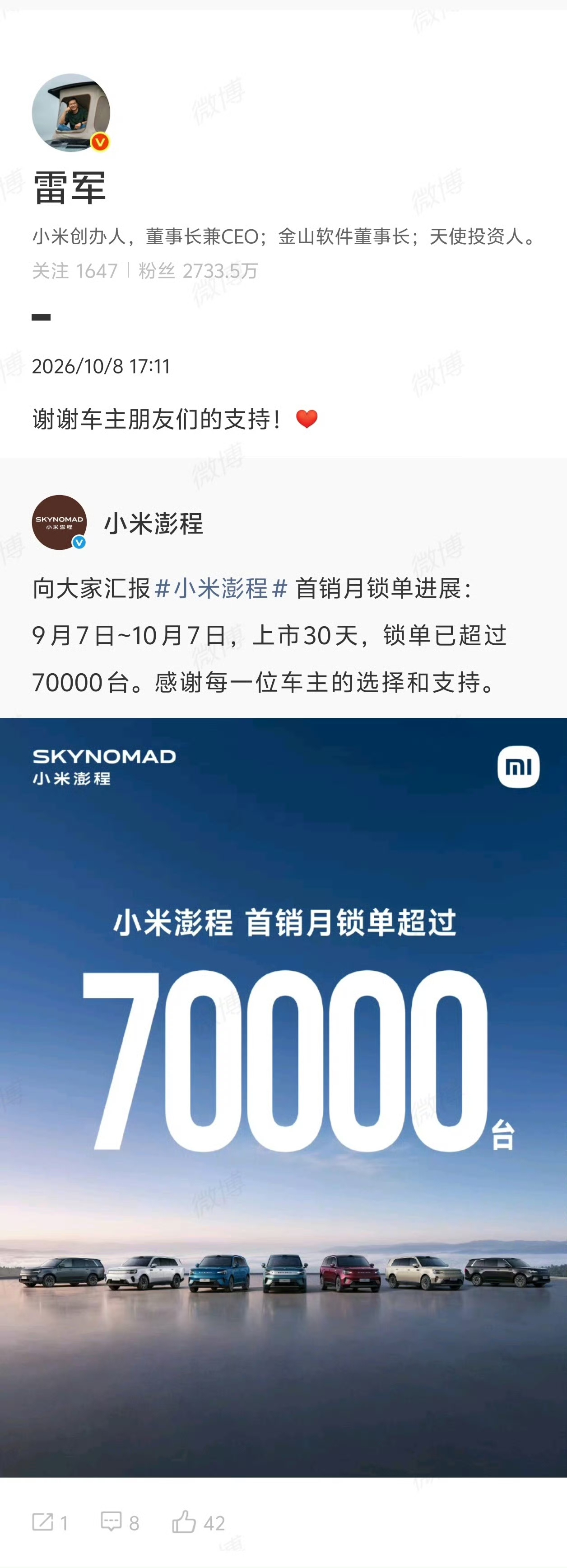 小米发战报了！
雷军微博官宣，小米澎程 9 月 7 日-10 月 7 日，30 天锁单突破 70000 辆。
锁单表现不及 SU7 和 YU7，但是在现在的市场环境下，算是相当亮眼的成绩了！