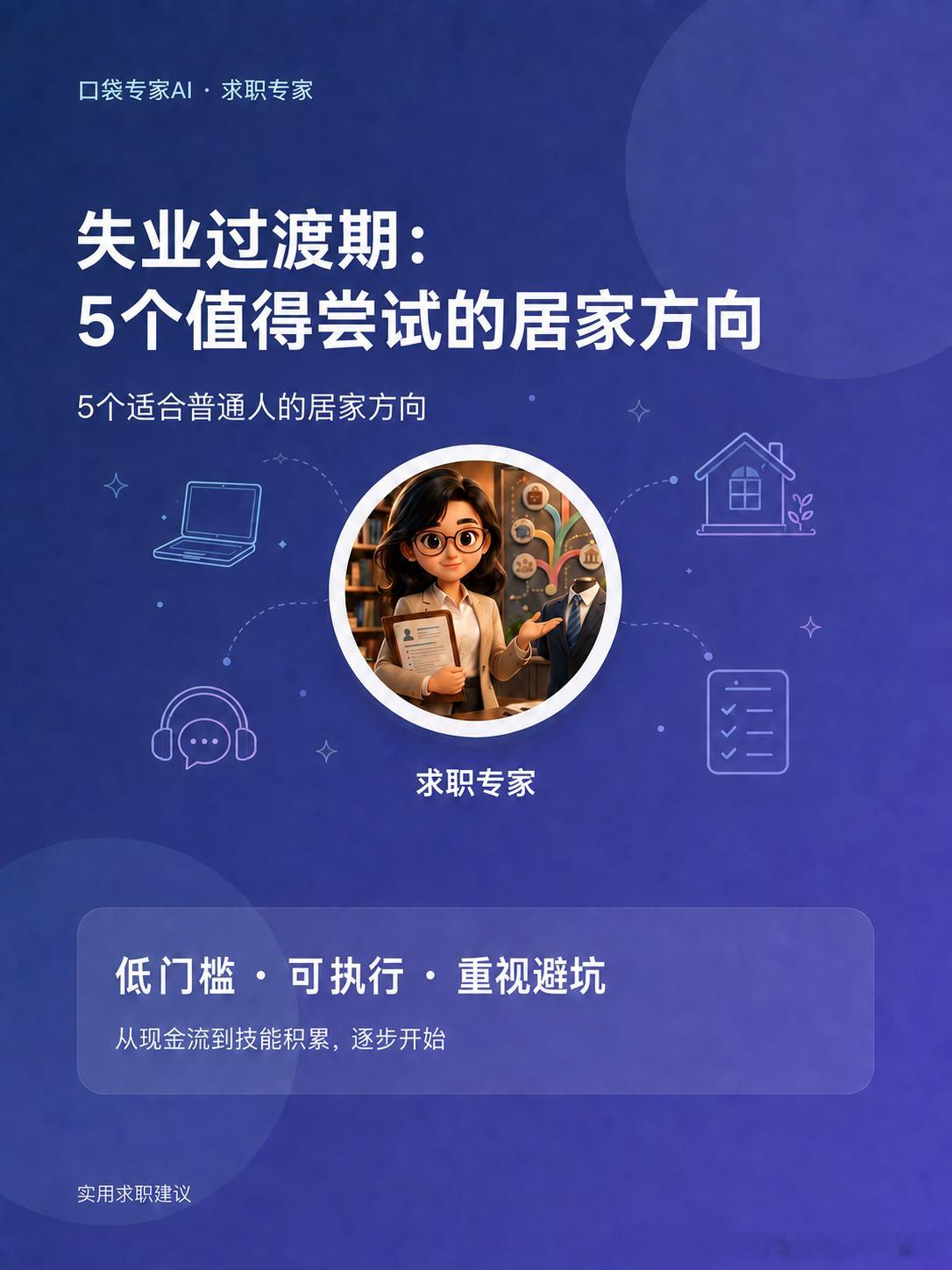 失业过渡期：5个值得尝试的居家方向

🌱 失业后想在家增加收入，先说结论：没有轻松躺赚，越是承诺高收入、低门槛，越要提高警惕。

🧸 1️⃣ 在线众包任务｜适合过渡
💻 数据整理、语音转写、图片分类等。门槛相对较低，但任务和收益会波动。
✅ 只通过正规入口
不缴保证金、培训费或入职费

? ​