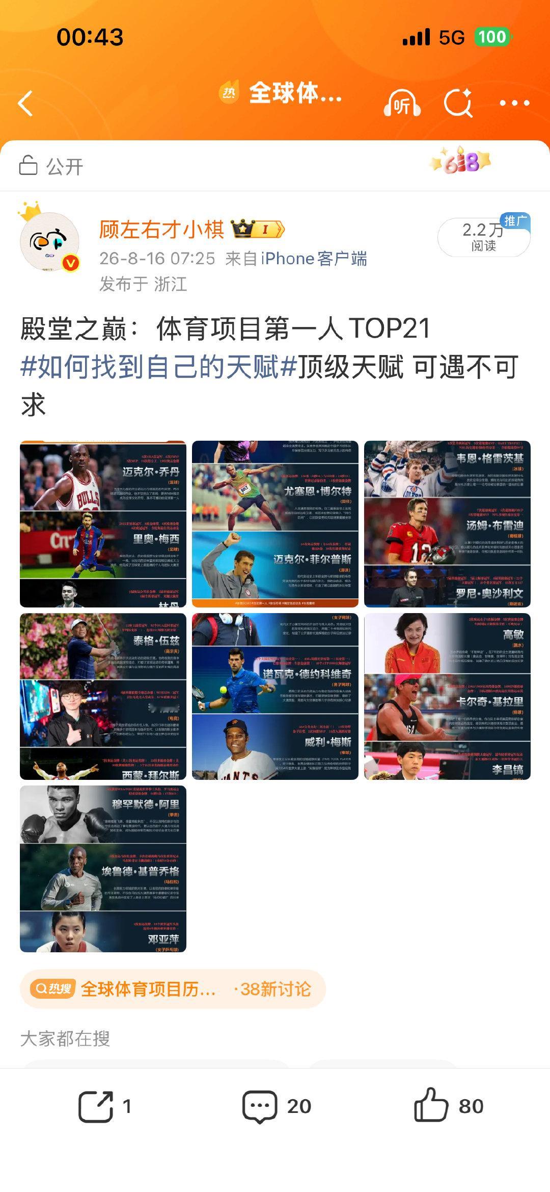 昨天发过的 其实这份榜单 心里挺认同的 各体育项目历史的第一人  但是...