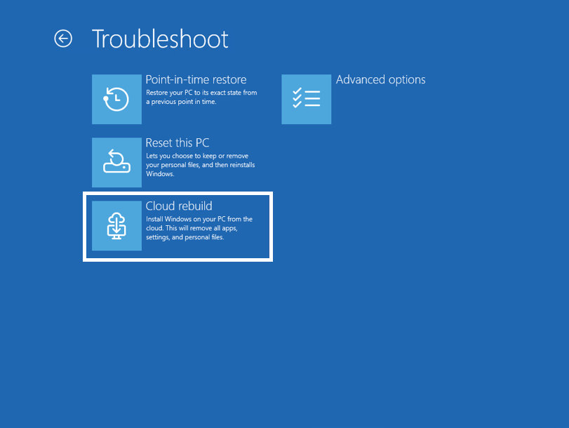 Microsoft在其Windows恢复流程中新增了一项功能。该新功能名为Cloud Rebuild，将实现完整的操作系统重装。即使操作系统无法启动或用户无法使用USB介质，Cloud Rebuild 也能使用。 ​