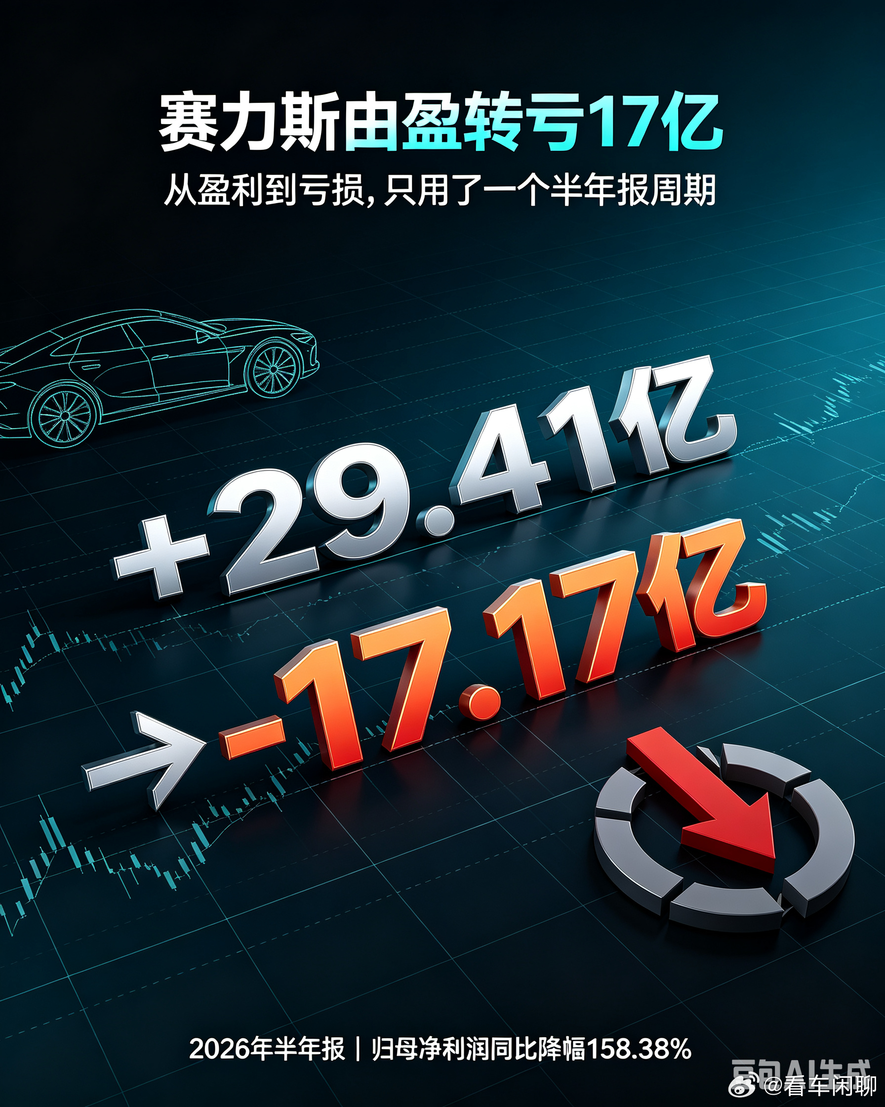 #赛力斯由盈转亏17亿##问界首次亏损##华为光环失灵了吗##问界M9七周破2万台##赛力斯现金储备731亿#

华为问界，神话破灭了？

赛力斯半年报出来了——  
归母净利润，亏了17.17亿。  
（来源：赛力斯2026年半年报，2026-08-19）

去年同期呢？赚了29.41亿。

从+29.41亿，到-17.17亿。  
同比降幅158.3 ​