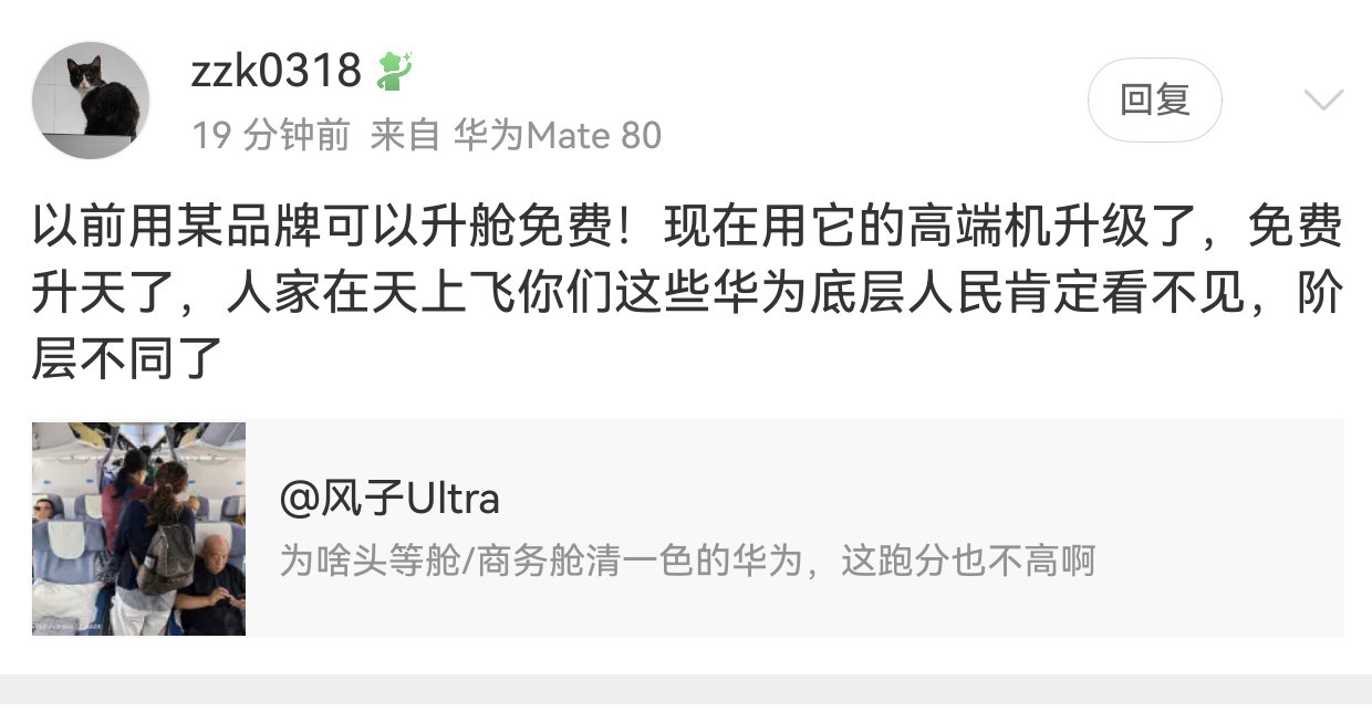 我不知道用什么手机可以免费升舱。

但我知道用MateXT2、PuraXMax、iPhoneDuo都不会给你多加一份餐食，更别说升舱了。 ​