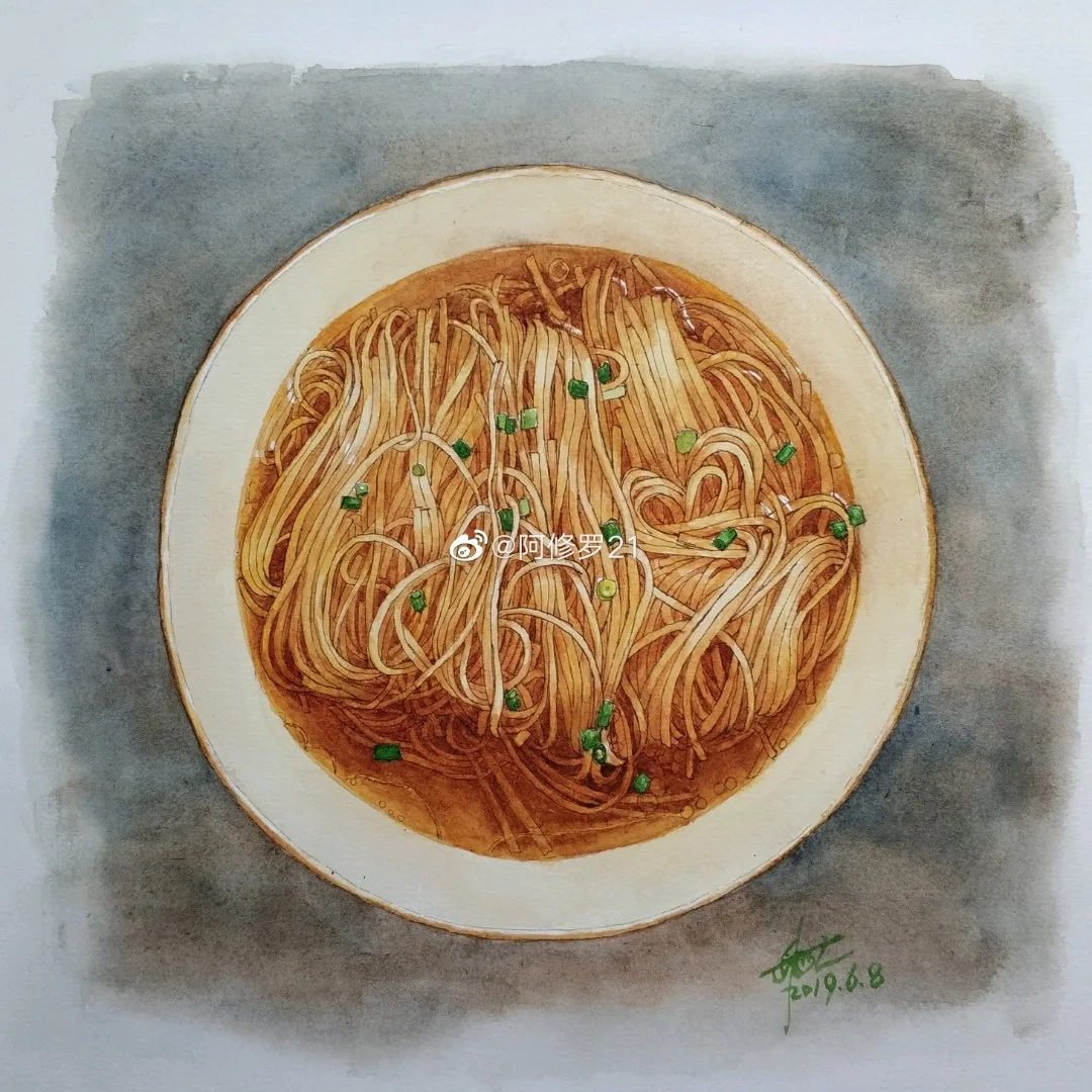 钢笔淡彩，阳春面。