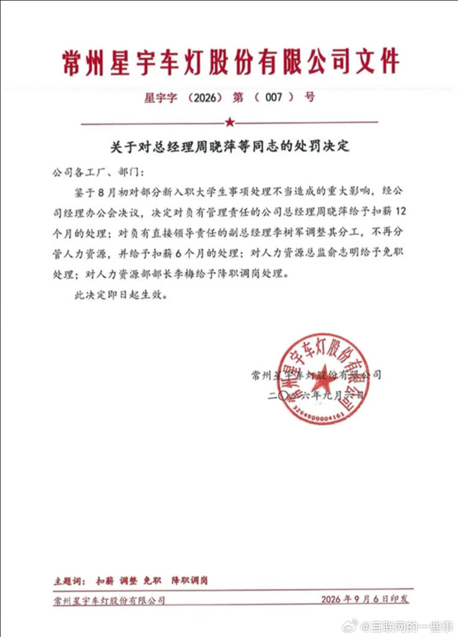 星宇股份批量劝退 107 名应届生这事又出新瓜了，通报里的这个被免职的人力总监，年报里压根查不到这个岗位！

当地人社局回应：该公司有人力资源总监岗位，系退休返聘人员！

目前，星宇车灯并未就相关报道进行回应。

#星宇股份找了个已离任的人免职##星宇股份处罚疑现背锅侠# ​