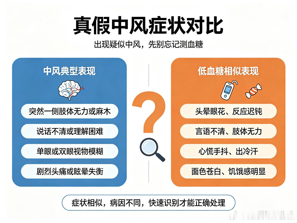 #听医者说#【头晕眼花“假中风”？警惕低血糖抢劫大脑！急救记住“15-15”原则[心]】#健康科普课堂# 在内分泌科和神经内科急诊，经常遇到患者突然说话不清、半边身子发软被送医，症状像极了脑卒中。可一测指尖血糖只有2.2mmol/L，快速补糖后十几分钟症状就完全缓解了。温 ​