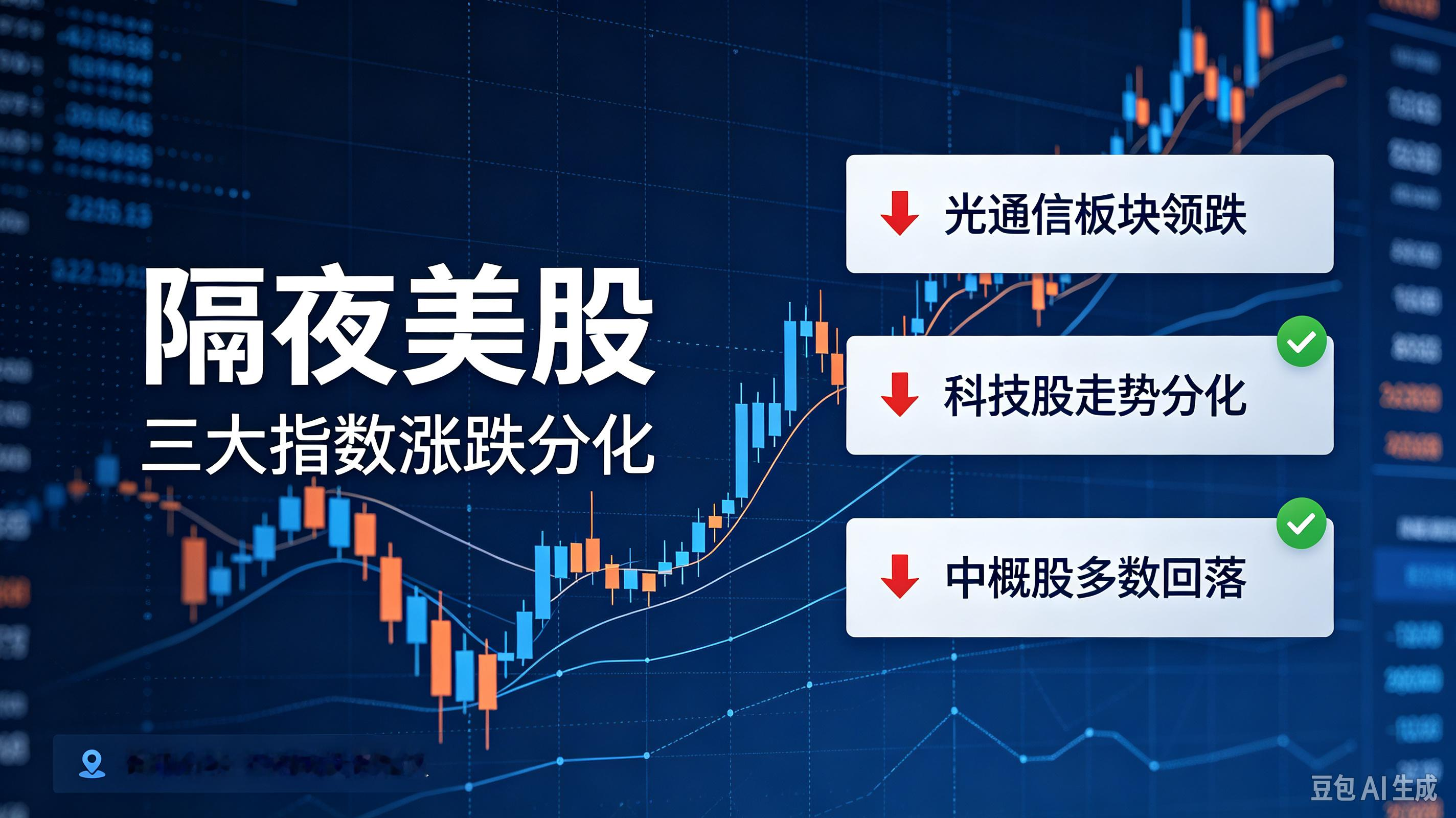隔夜美股涨跌分化，光通信板块大幅下挫，科技股走势各异
美东时间周一，美股三大股指收盘涨跌互现。道琼斯指数收涨0.38%，纳斯达克指数下挫0.44%，标普500微跌0.06%。
头部科技股走势分化，META涨幅超3%，微软、苹果涨逾1%，谷歌小幅收高；英伟达、亚马逊、特斯拉则跌超1%。
板块层面，光通