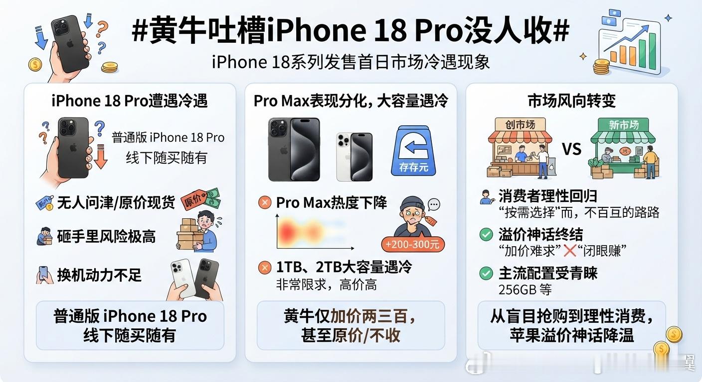 #黄牛吐槽iPhone18Pro没人收# 9月18日是iPhone 18系列线下的发售首日，不少现场的黄牛吐槽，普通版的iPhone 18 Pro几乎没人收、没人要，开抢那天起就显现颓势，砸在手里的风险极高。在线下渠道，Pro基本可以做到原价现货、随买随有。

业内分析认为，这一代iPhone 18 Pro属于常规升级，对于手里持有上 ​