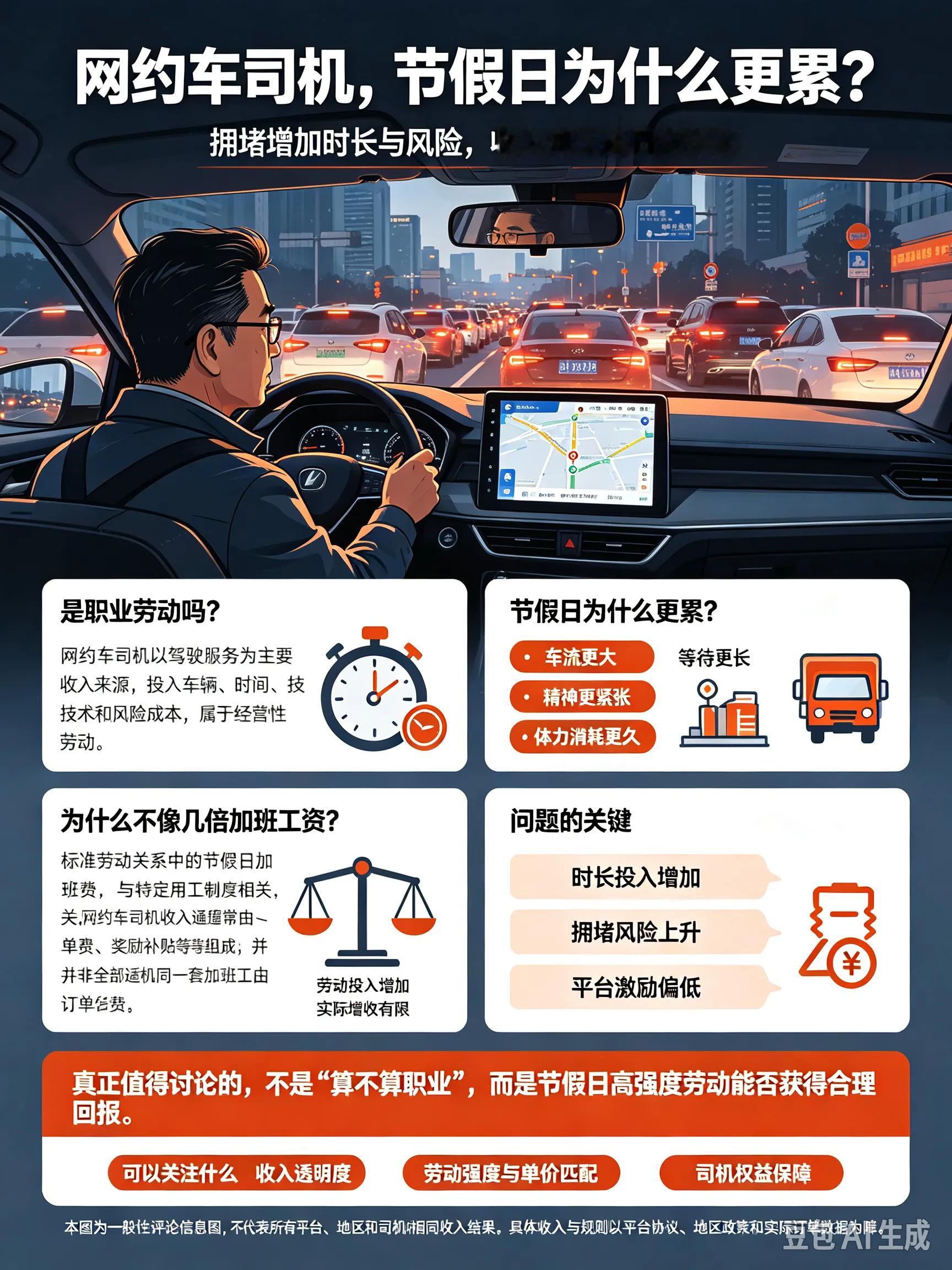 网约车司机是正经职业，为何配不上节假日劳动尊严？
 
在当下的就业市场中，网约车司机早已不是临时副业，而是千万人赖以谋生的正式职业。国家人社部早已明确，网约车司机属于新就业形态劳动者，是受社会认可、为城市运转提供核心服务的正规劳动者。他们风雨无阻接送市民、保障城市出行，和上班族、服务从业者、公职人员