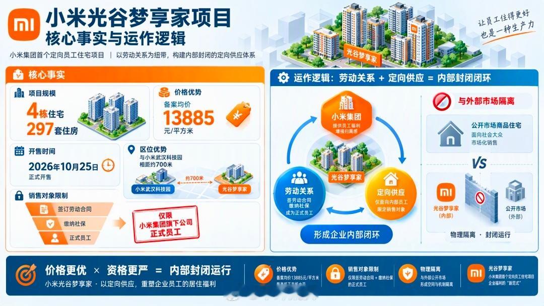 #小米首个住宅小区开售#我觉得吧，雷军没想当开发商，他在干一件更狠的事：把“在一家公司上班”的物理边界，从工位延伸到房产证。297套对武汉约8000名员工，不是普惠，是一把筛子，租的青年公寓接住应届生，买的产权房推一把想留下的人。这次的刀切的是人才留存率，不是房价#木晔叙事[超话]# ​