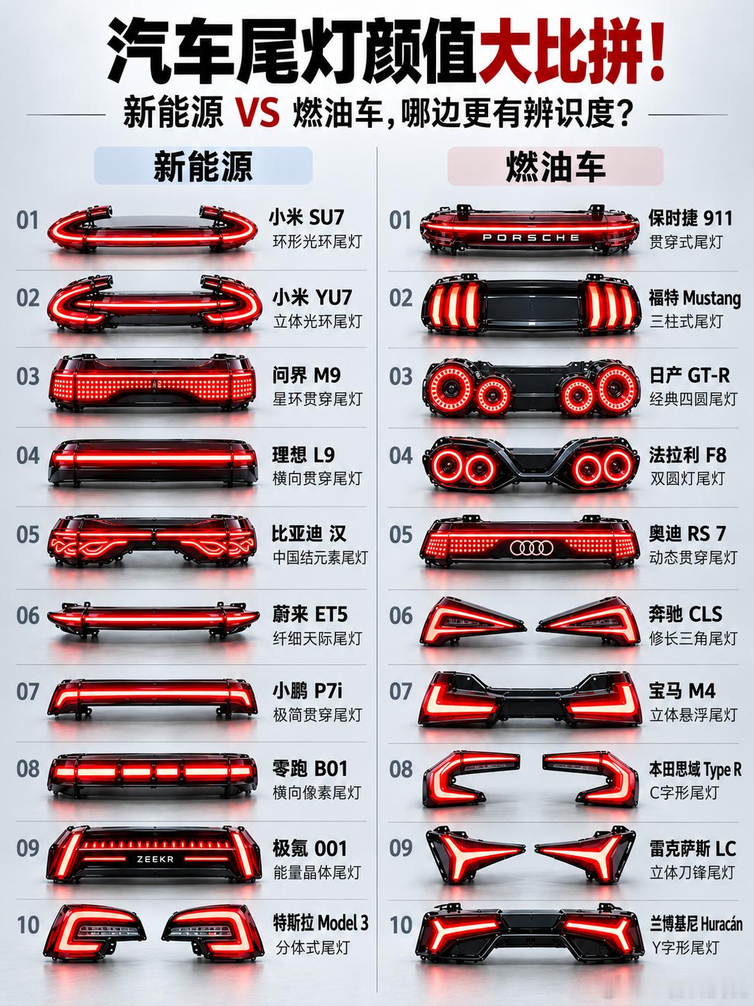 汽车尾灯颜值大比拼，哪边更有辨识度？

同样是车尾的一抹红，新能源车玩的是科技感，燃油车拼的却是经典与个性！这场尾灯颜值大比拼，真的很难一眼分出胜负！

新能源阵营：科技感拉满！ 小米SU7的环形光环尾灯，简洁又高级；问界M9的星环贯穿尾灯，气场十足；理想L9、小鹏P7i的贯穿式设计，更是把未 ​