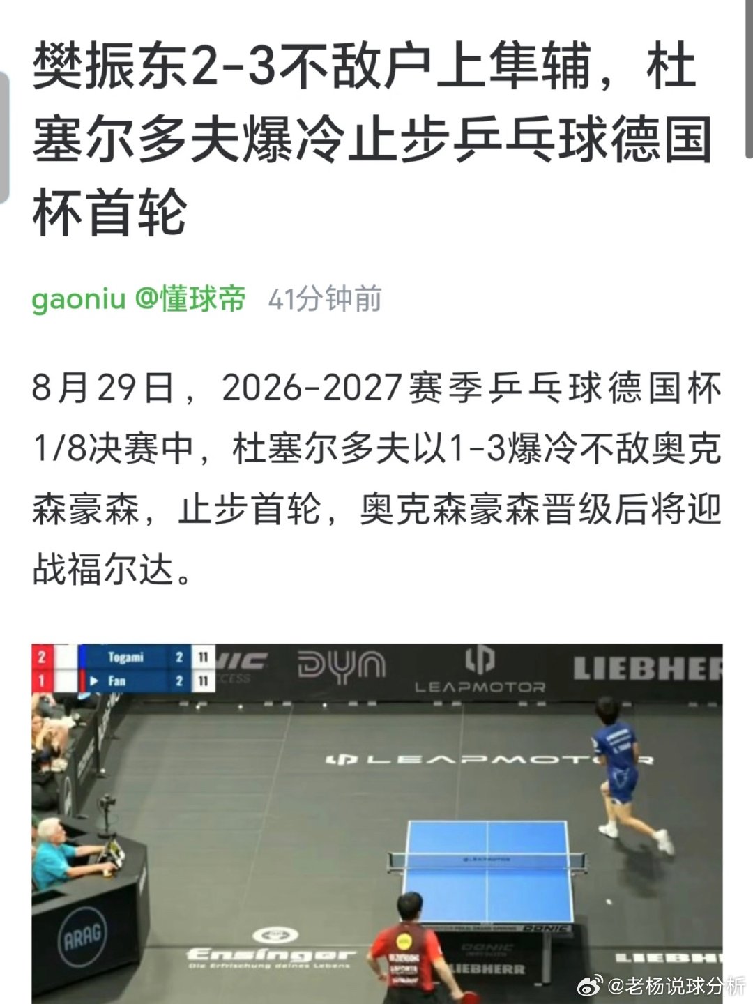 樊振东2比3户上隼辅樊振东2-3户上隼辅，止步德国杯首轮8月29日，2026-2027赛季乒乓球德国杯1/8决赛中，杜塞尔多夫以1-3爆冷不敌奥克森豪森，止步首轮，奥克森豪森晋级后将迎战福尔达。具体比分第一盘：安东-卡尔伯格0-3户上隼辅（8-11、8-11、6-11）第二盘：樊振东3-1莫维利亚努（11-4、11-13、11-8、11-2）第三盘：邱党2-3奇里塔（11-13、13-11、9-11、11-8、8-11）第四盘：樊振东2-3户上隼辅（4-11、8-11、11-8、11-9、11-13）