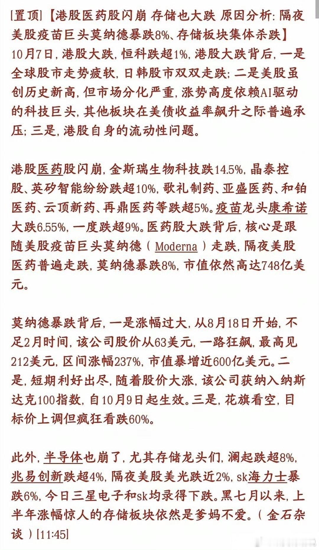 半导体崩完，医药板块也崩，明天A股压力很大
 
港股节后先迎来一轮板块杀跌，先是半导体存储板块走弱，紧接着医药赛道集体跳水。叠加隔夜美股医药、存储龙头大幅回调，美债收益率高位压制全球风险资产，港股本身流动性偏弱，医药+存储两大前期热门板块同步遭遇资金兑现。
 
美股盘面看着指数不断创新高 ​