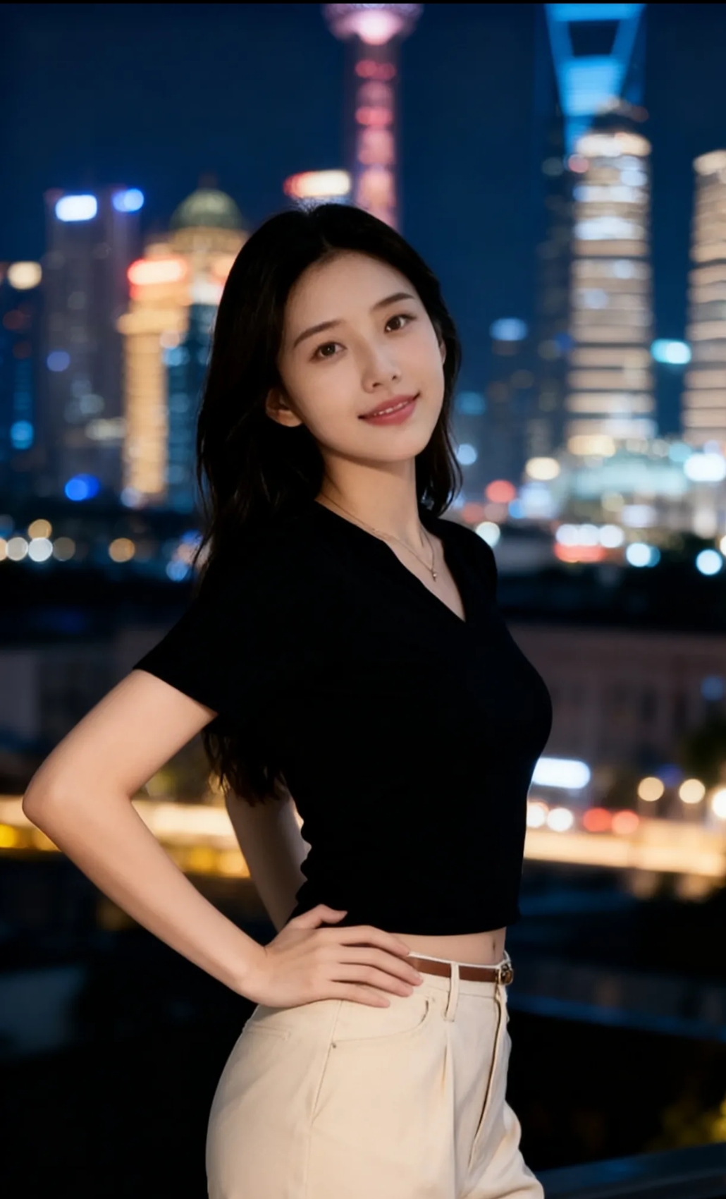 夜晚城市灯光下的时尚少女，自信微笑，都市魅力尽显！
