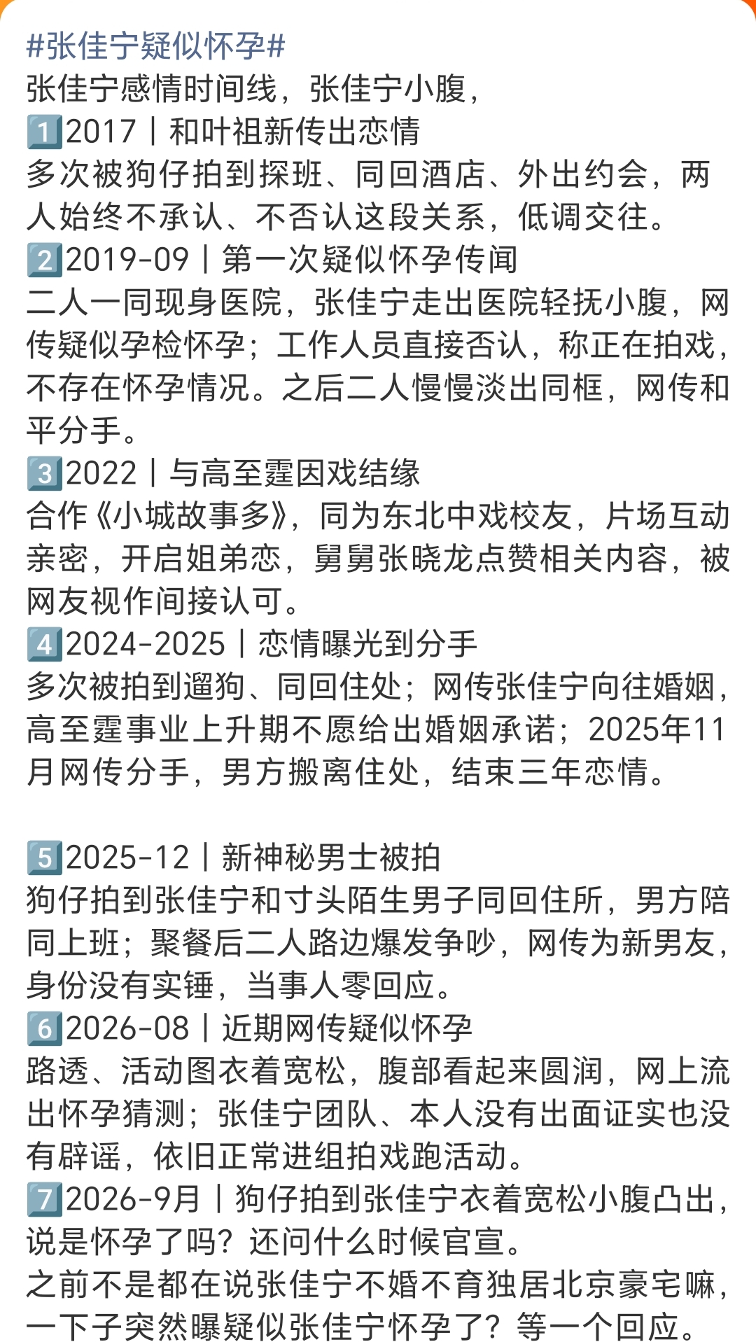 张佳宁疑似怀孕？

挺好的恭喜恭喜，还记得是单亲家庭长大的张佳宁说过自己基本上不会结婚的，也快40岁了，生一个自己的孩子挺好的，无论是否结婚或是否公开，都祝福。有钱有颜有娃，其他的都不重要了。

再一次感叹女明星，其实都挺难的，他们的钱很可能会成为别人狩猎的猎物，单身生娃或未婚生娃，是他们保全自己财