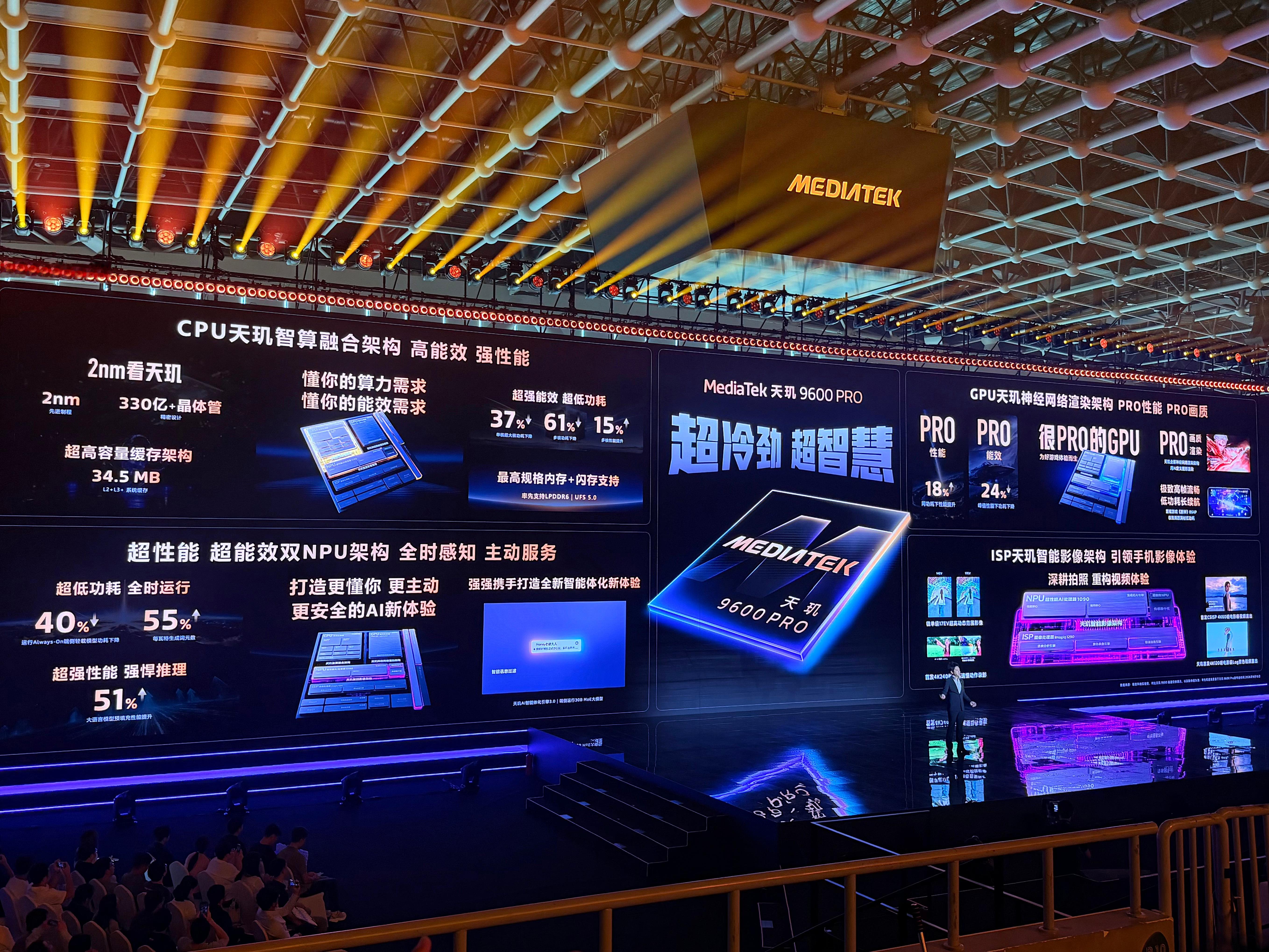 刚在现场听完天玑9600 Pro发布会，我最大的感受是，天玑9600 Pro属于那种从底层到体验都换了一套思路的升级。

2nm、CPU/GPU/NPU这些硬实力当然都很猛，但我觉得更值得聊的是这套AI原生架构，这是用一种新的融合计算架构，重做了整颗芯片。

双NPU继续分工，超能效NPU负责长时间感知，超性能NPU扛复杂 ​