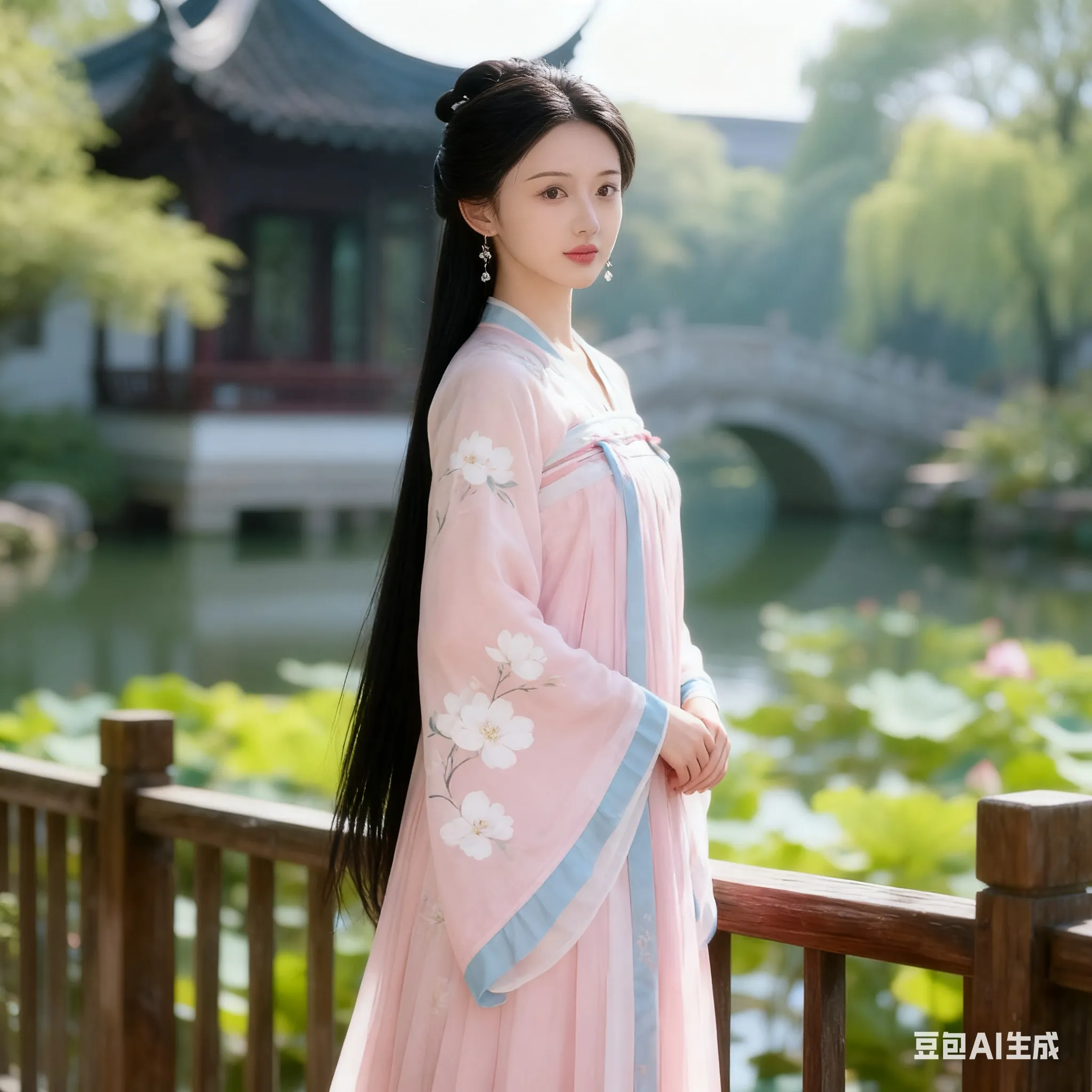 古风少女漫步在江南水乡，粉衣飘飘，宛如画中人。